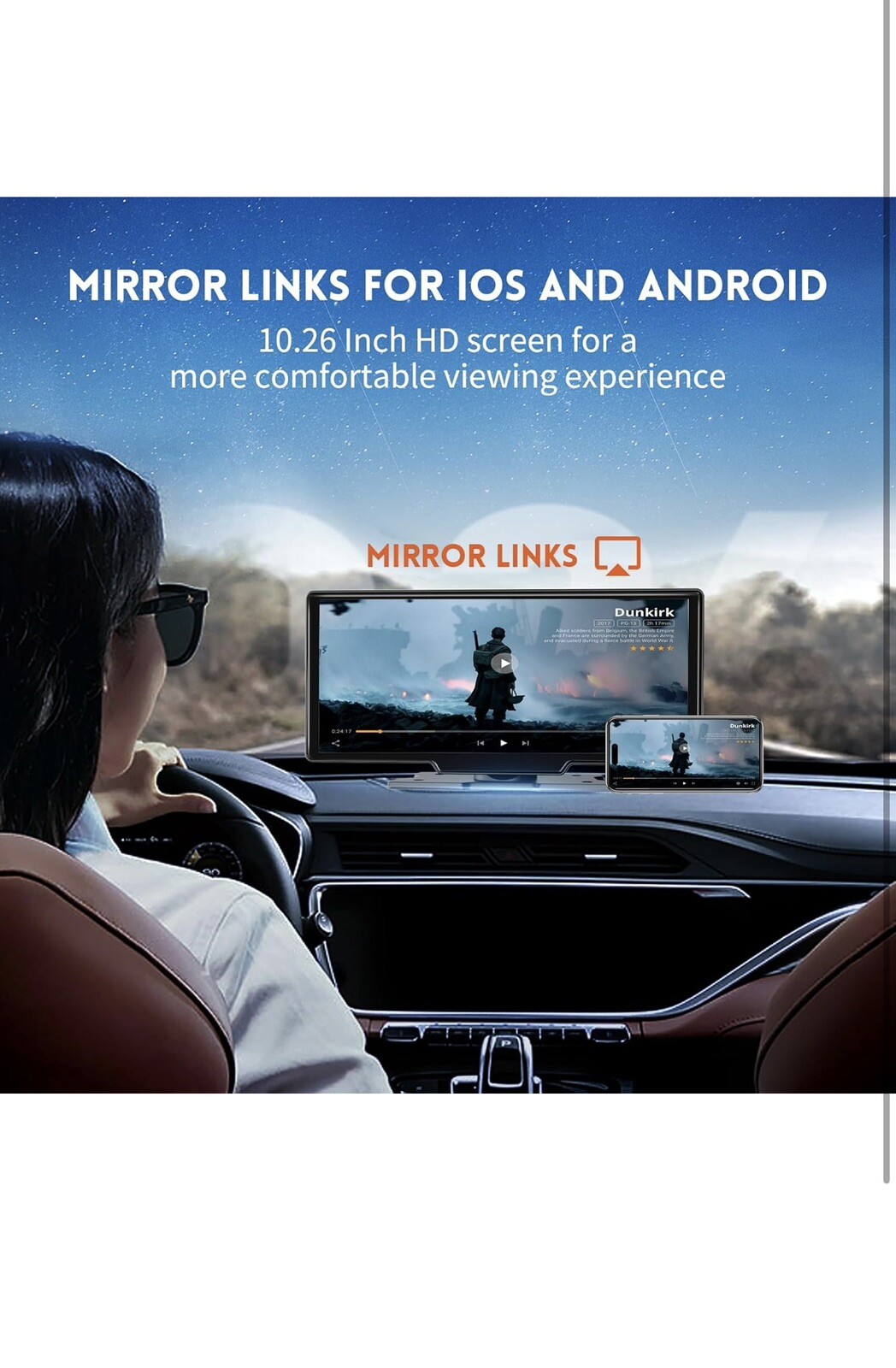 10.26″ HD Wireless Android & Carplay Screen for Car, Portable Touchscreen 4K