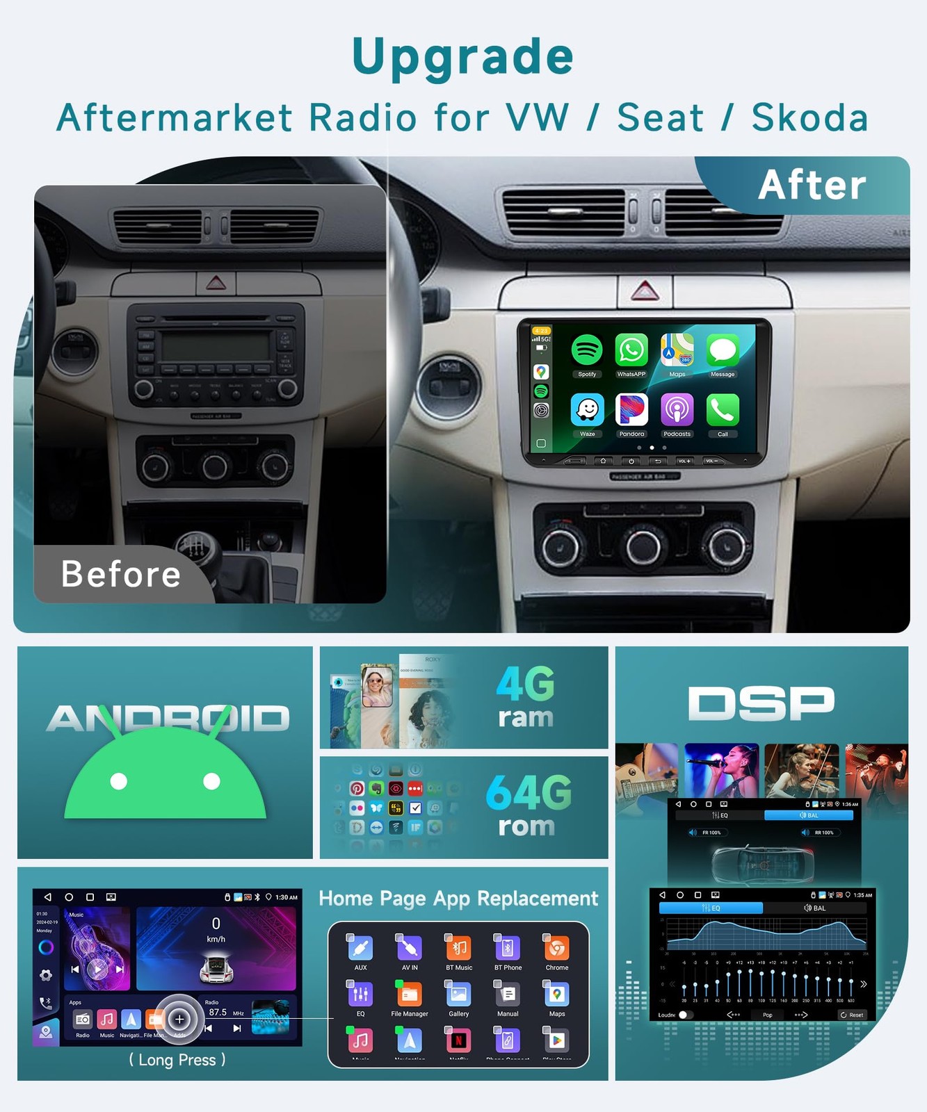 4G+64G Car Radio for VW Passat Jetta Tiguan Golf MK5 MK6 T5 EOS Polo 9″ Touch…