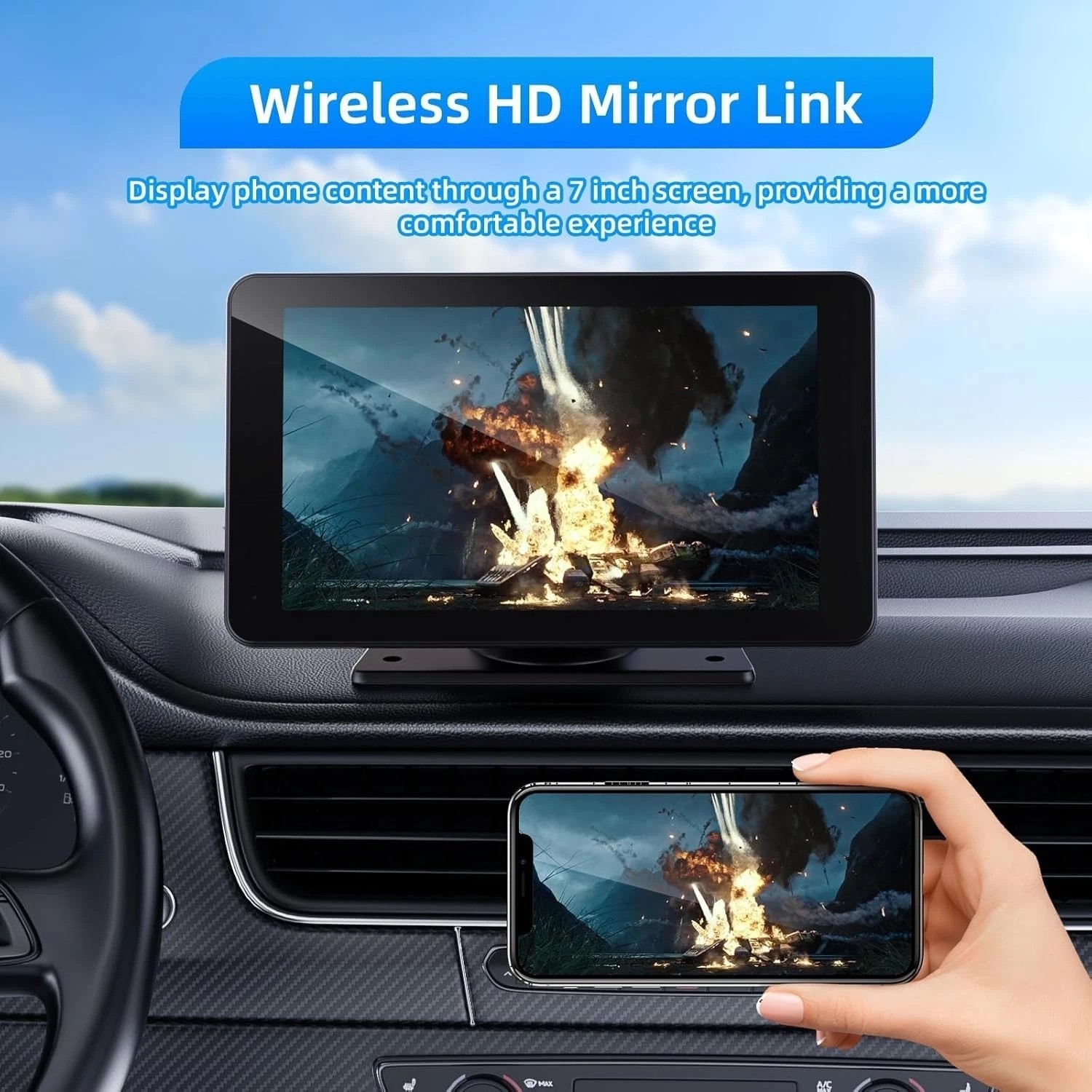Portable Carplay Screen with Mirror Link – 7″ HD Touchscreen-~
