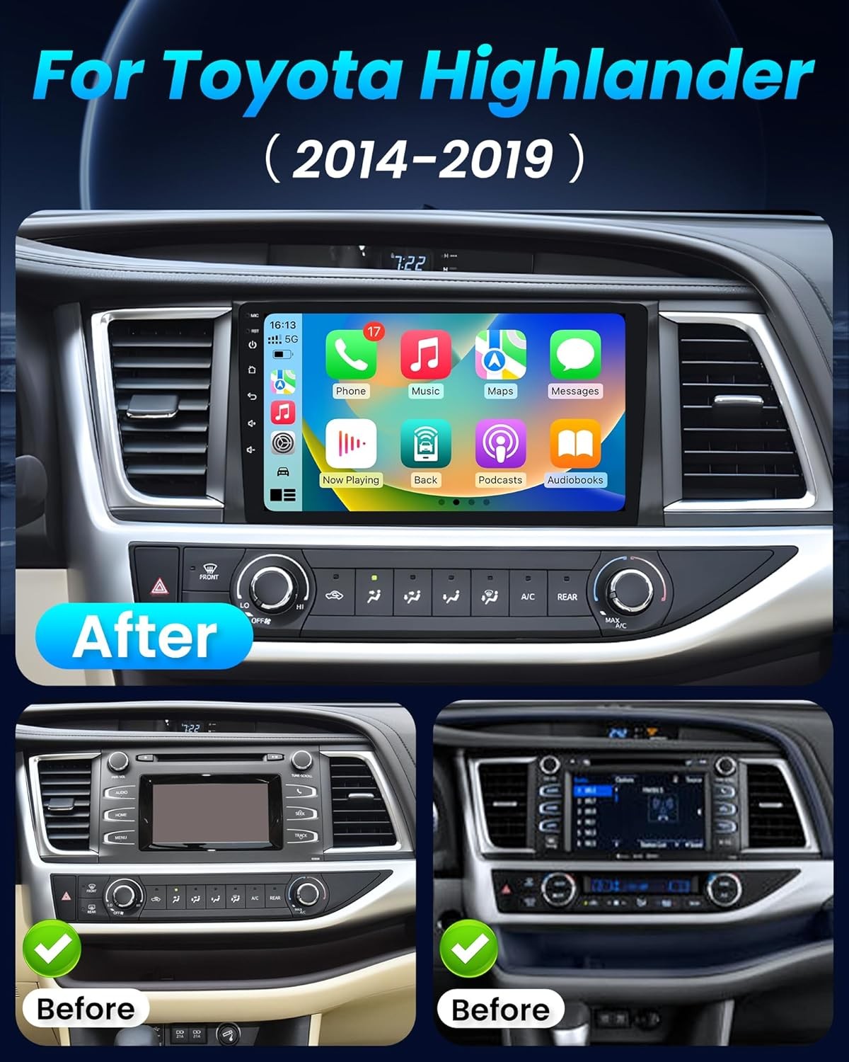 4G+64GB for Toyota Highlander 2014-2019 Car Radio Stereo Wi-Fi GPS 1280*800 Navi