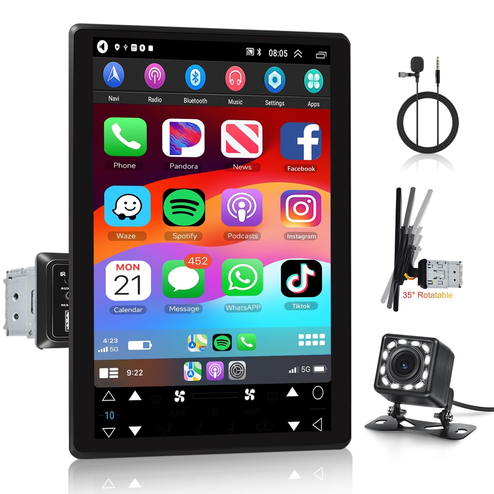 9.5″ CarPlay Android Auto Single DIN Stereo Bluetooth Touchscreen Radio, Backup