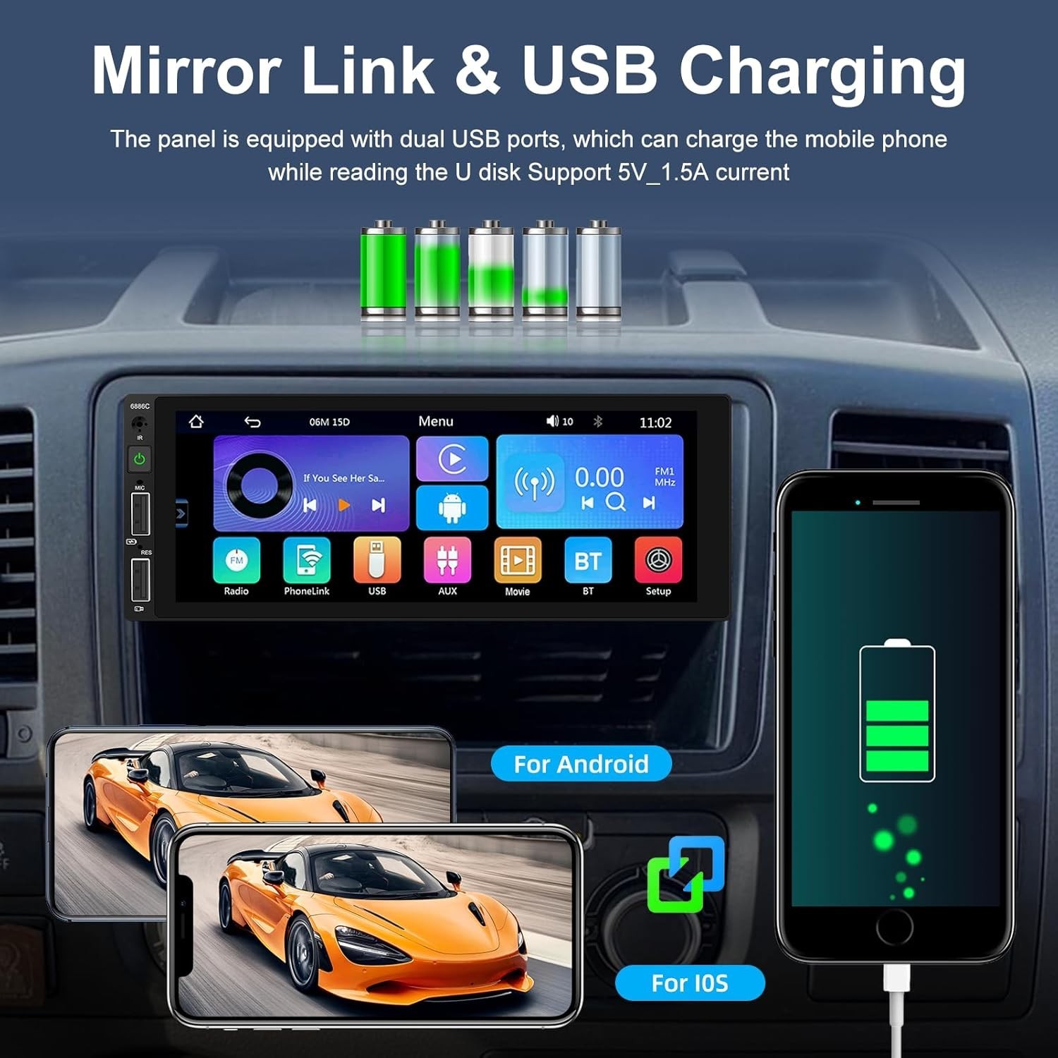 7 Color EQ Car Stereo with 6.86″ Touchscreen and Android Auto for Safe Driving