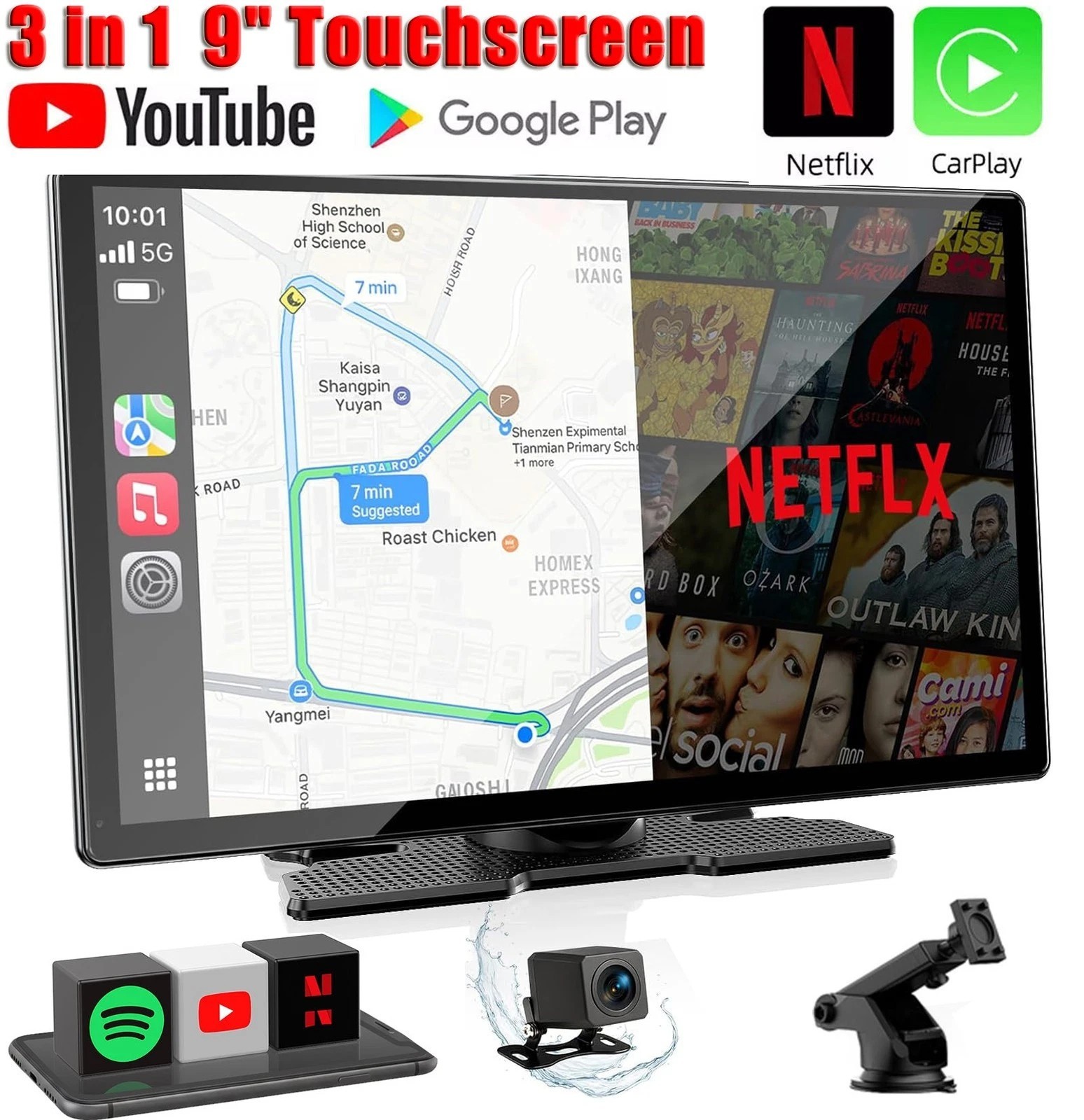 9″ Wireless CarPlay Screen With Youtube Netflix Android Auto GPS+Reverse Camera