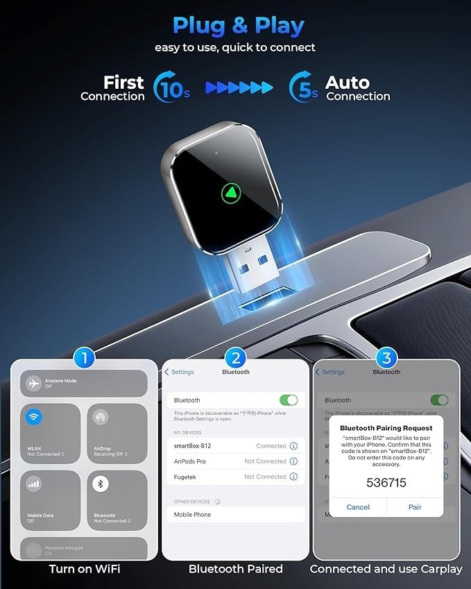 Mini CarPlay Wireless Adapter for Apple iPhone – Converts Wired to Wireless C…