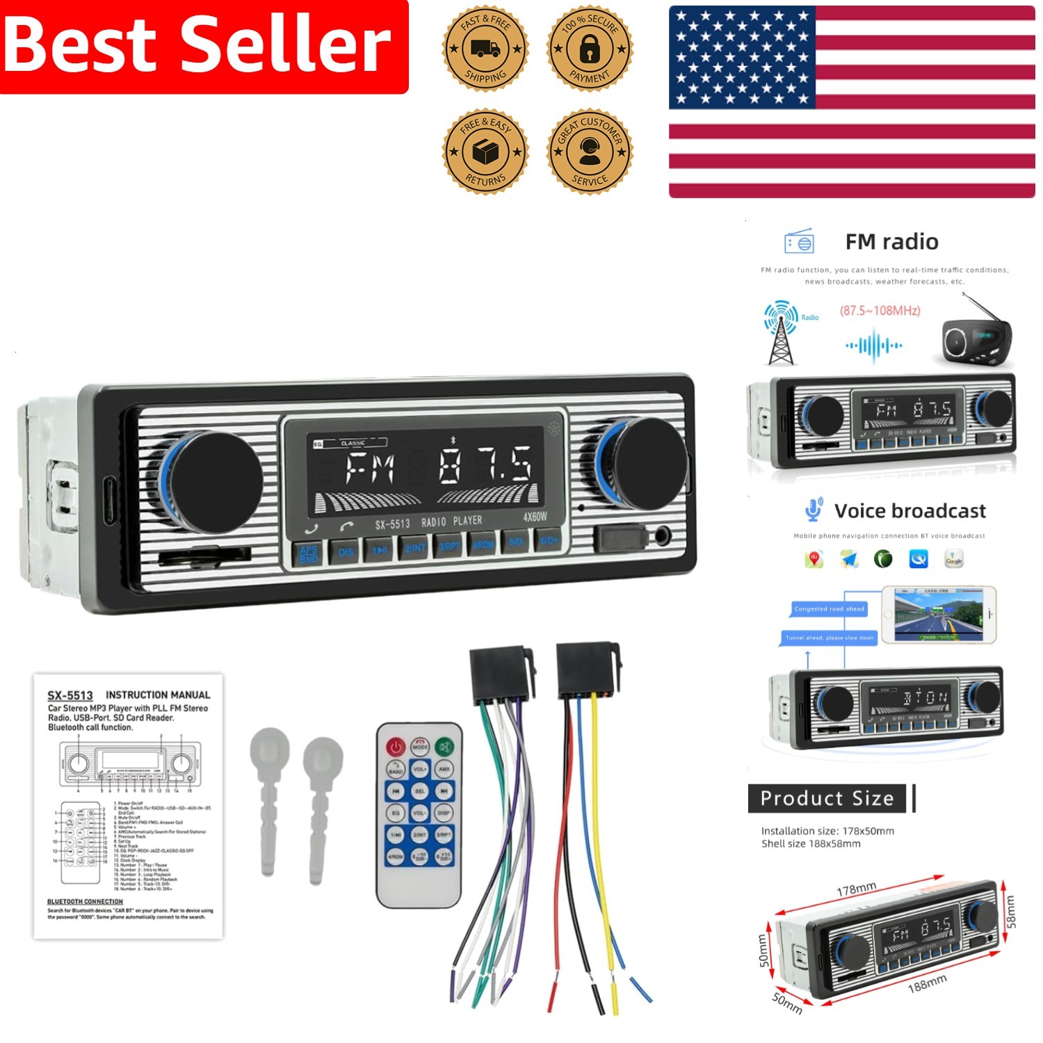 Single Din Stereo FM Bluetooth MP3 WAV WMA Dual Knob