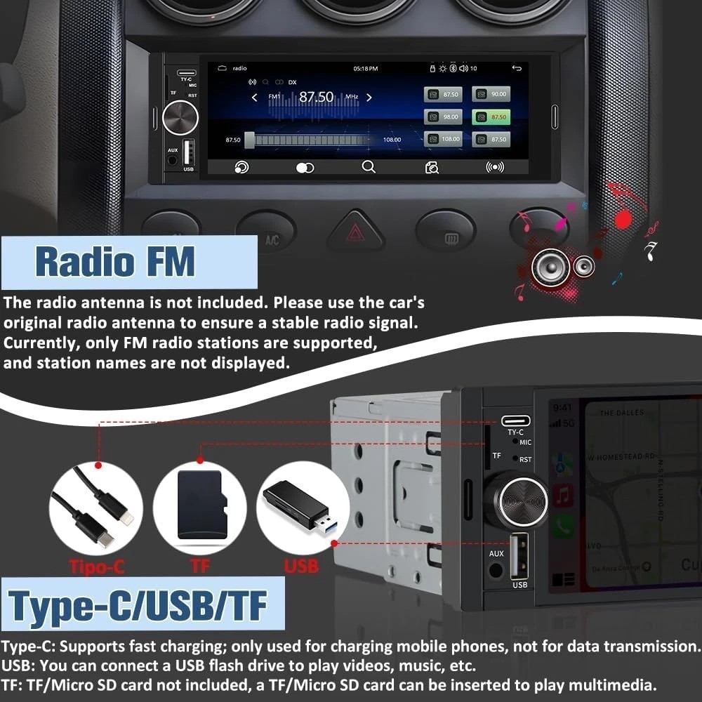 6.36 Inch IPS Touch Screen Car Stereo with Bluetooth, Backup Camera & Microphone