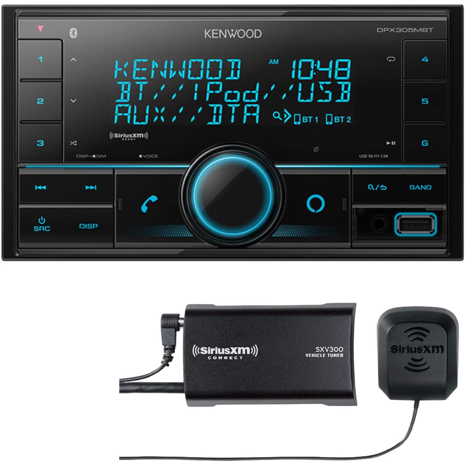 Kenwood DPX305MBT DDIN AM FM Receiver, Bluetooth, + SXV300V1 SiriusXM Tuner