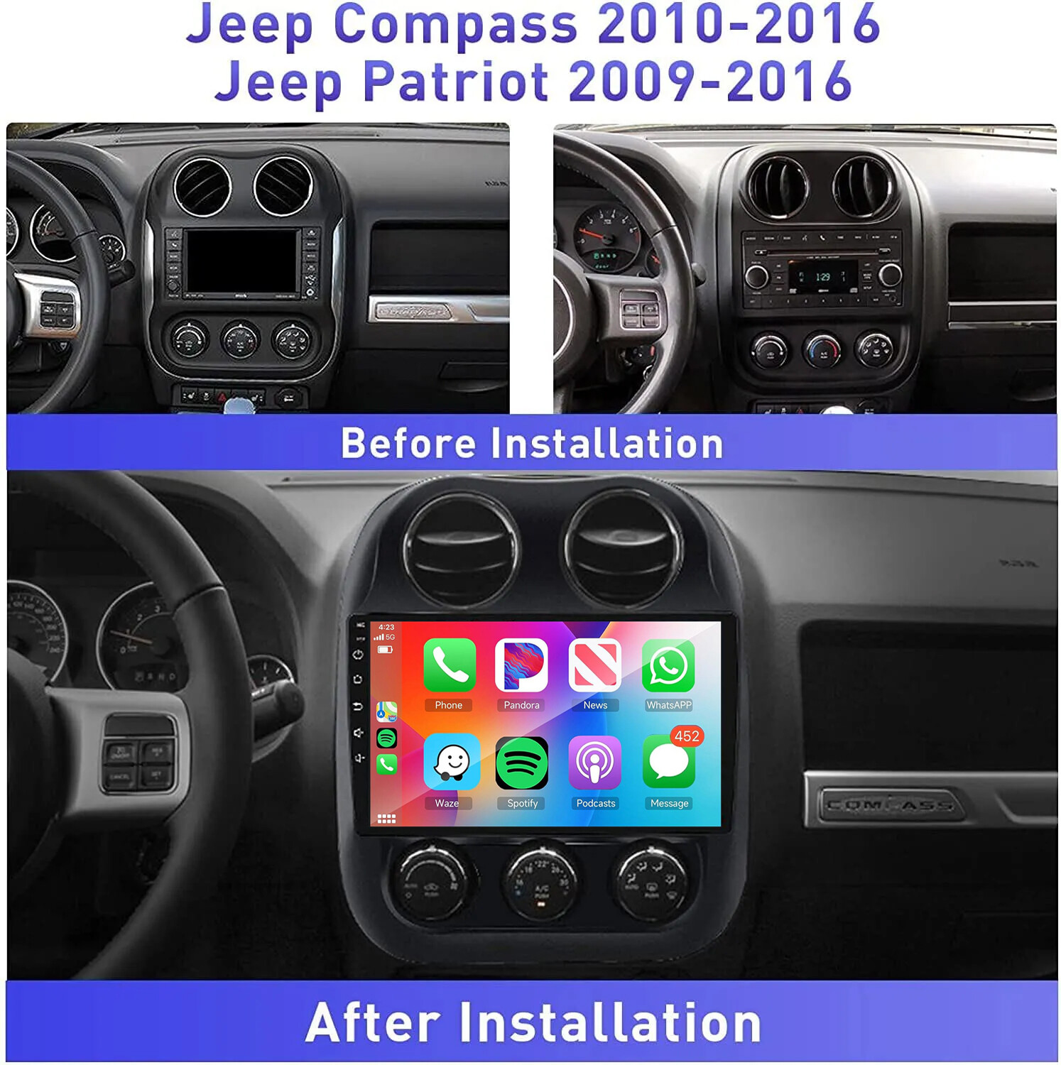 For Jeep Patriot Compass 2010-2016 GPS Apple CarPlay Android 12 Car Stereo Radio