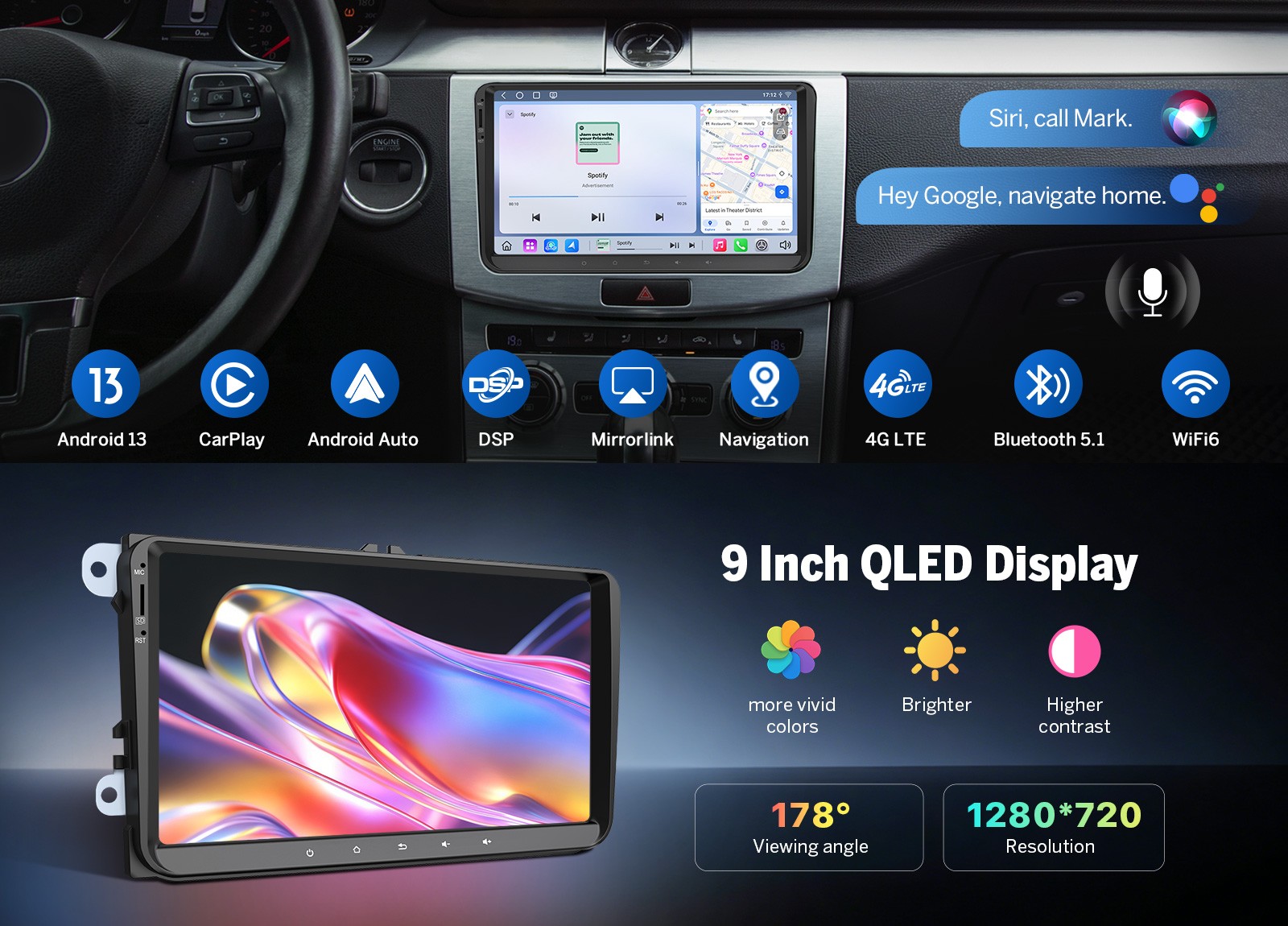 For VW Golf MK5 MK6 Android 9″ QLED 6+64GB Car Stereo Wireless CarPlay Bluetooth