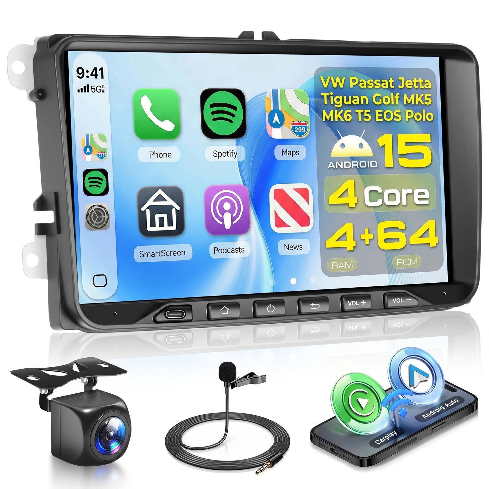 4G+64G Car Radio for VW Passat Jetta Tiguan Golf MK5 MK6 T5 EOS Polo 9″ Touch…