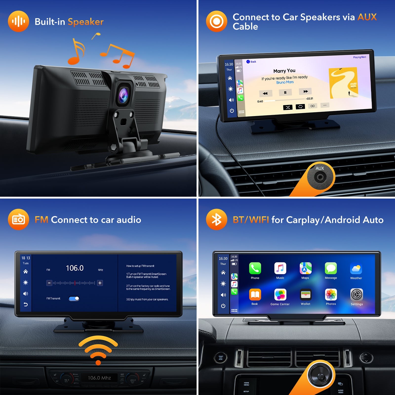 Universal Wireless Apple Carplay Portable Car Stereo Android Auto 2.5K Dash Cam