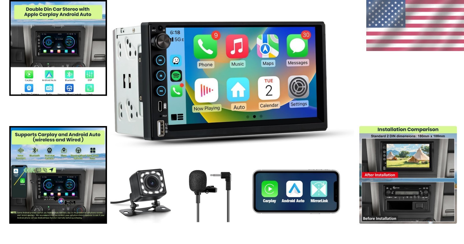 7-Inch IPS Car Stereo with Bluetooth, FM Tuner & Backup Camera Support