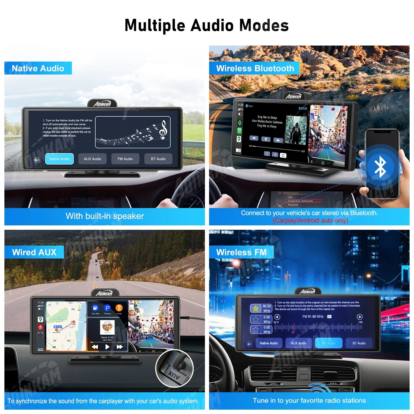 Portable Carplay screen for car with wireless carplay, android auto, bluetooth,
