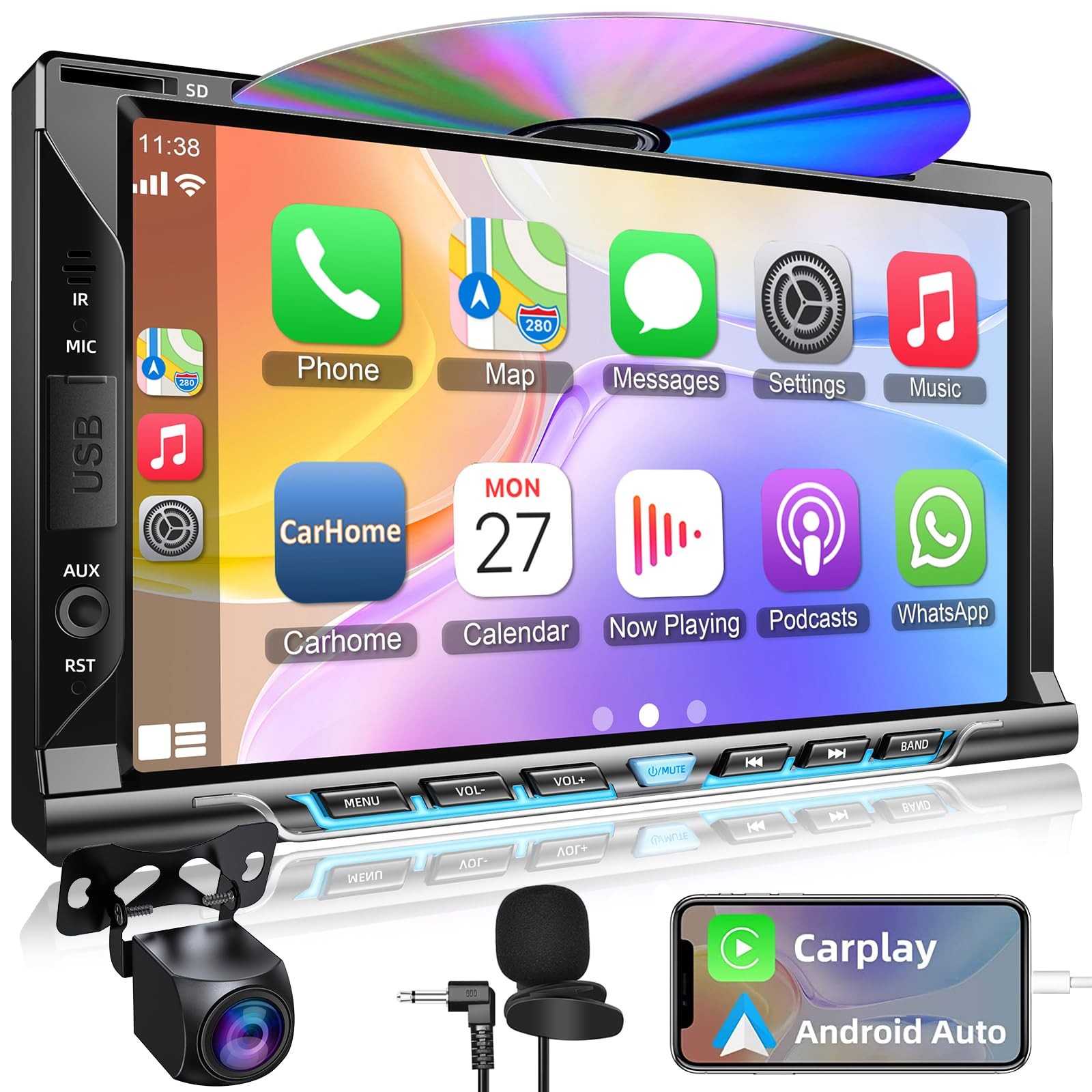 Double Din car Stereo with CD/DVD Player- CarPlay & Android Auto, Car Audio w…