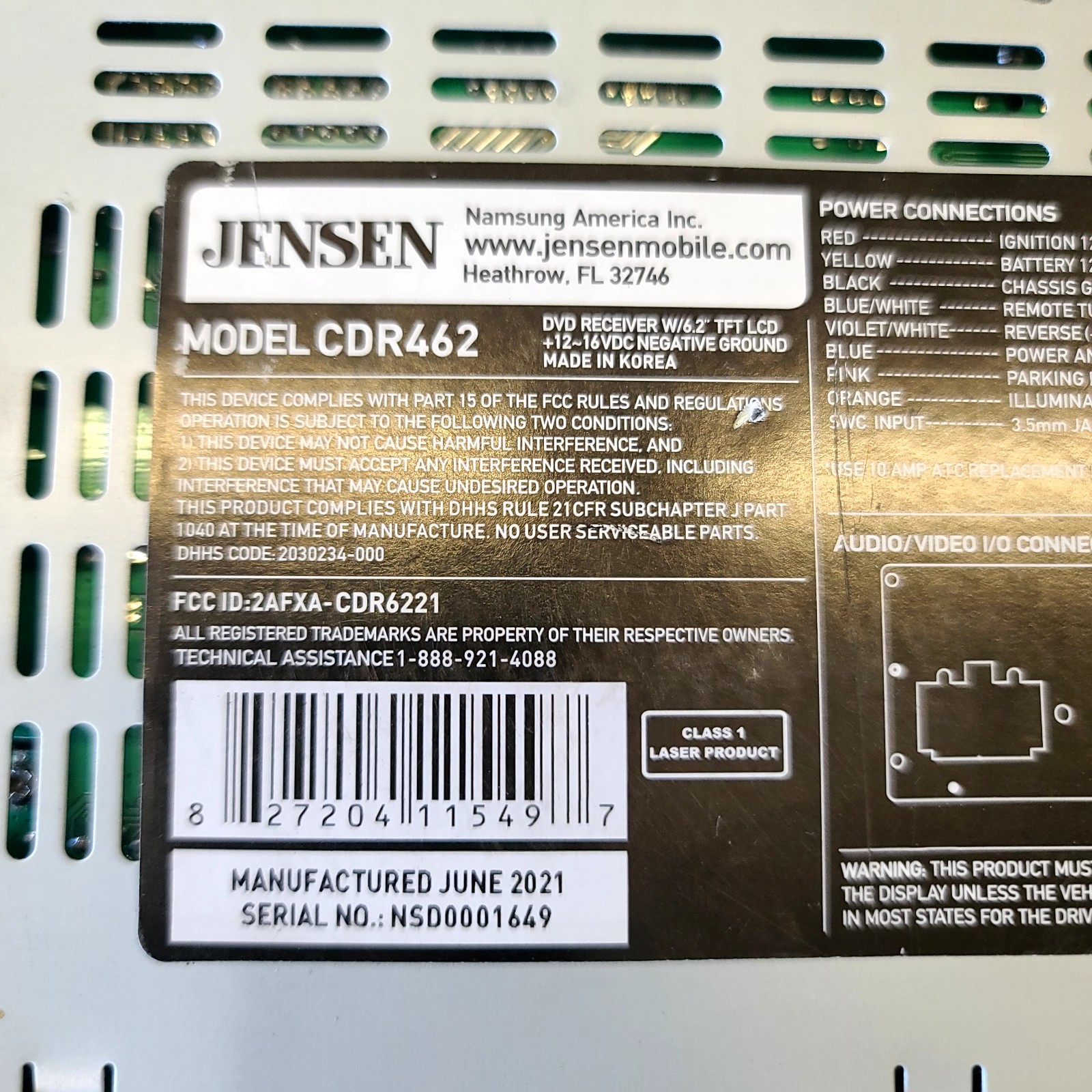 Jensen CDR462 DDIN RADIO For Parts