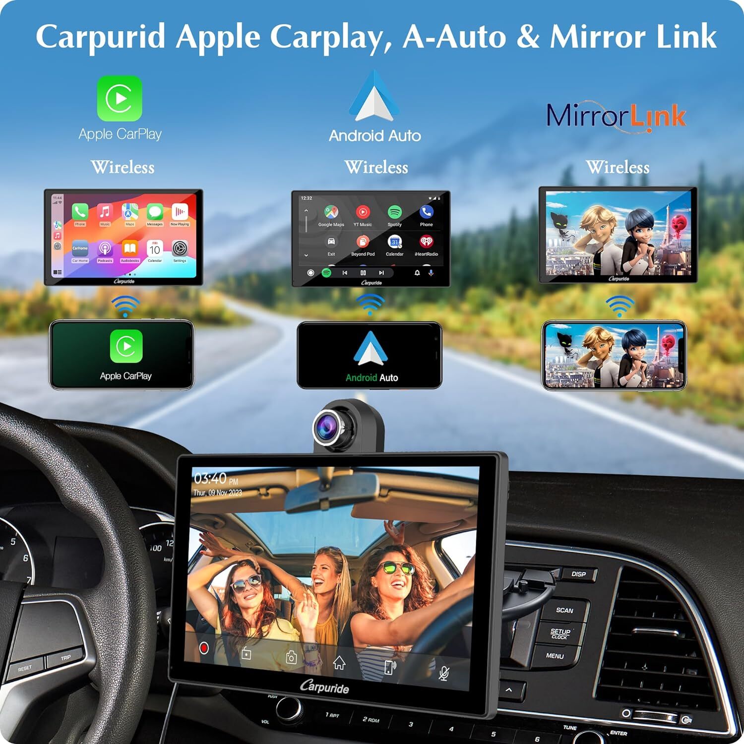 Carpuride 9”Wireless Apple Carplay Android Auto Touch Car Screen With Dash Cam