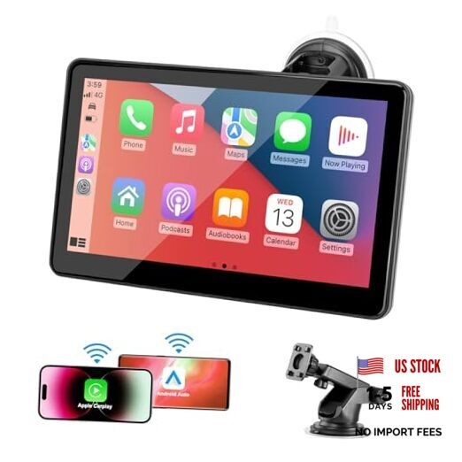 Portable Wireless CarPlay Screen for Car, 7″ HD Touch Screen for Car with 1