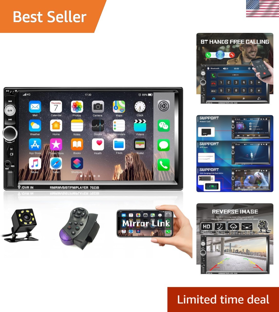 Bluetooth 2 Din Car Radio with 7-Inch Touch Screen & Mirror Link for Android/iOS