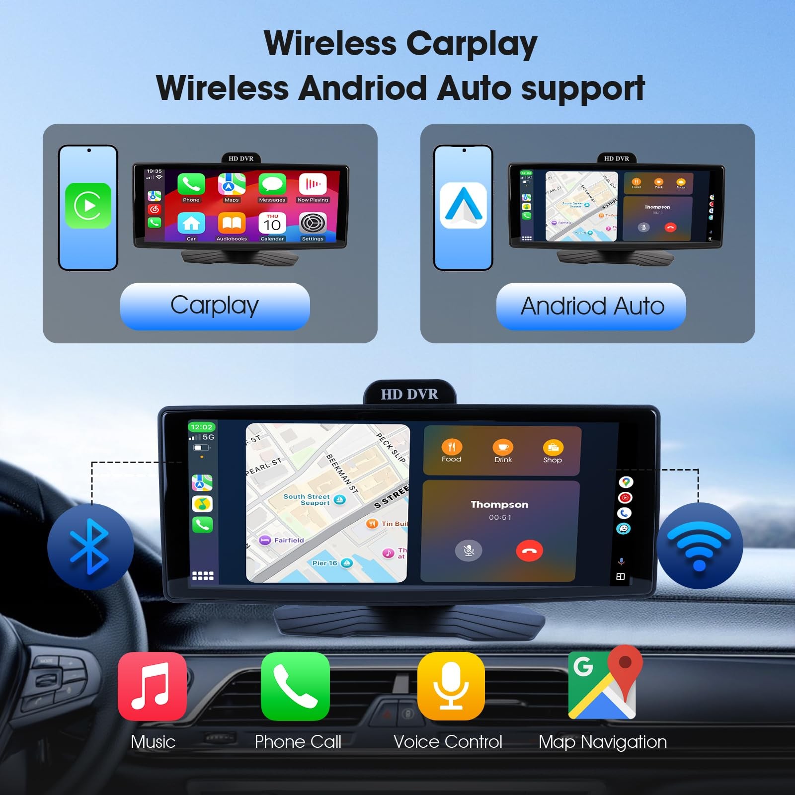 Haudio 9.3 Wireless CarPlay Android Auto Screen for Car, 10 Inch Portable Ca…