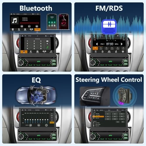 Single Din Car Stereo Wired CARPLAY Android auto, Flip Out Car Radio 7 Inch