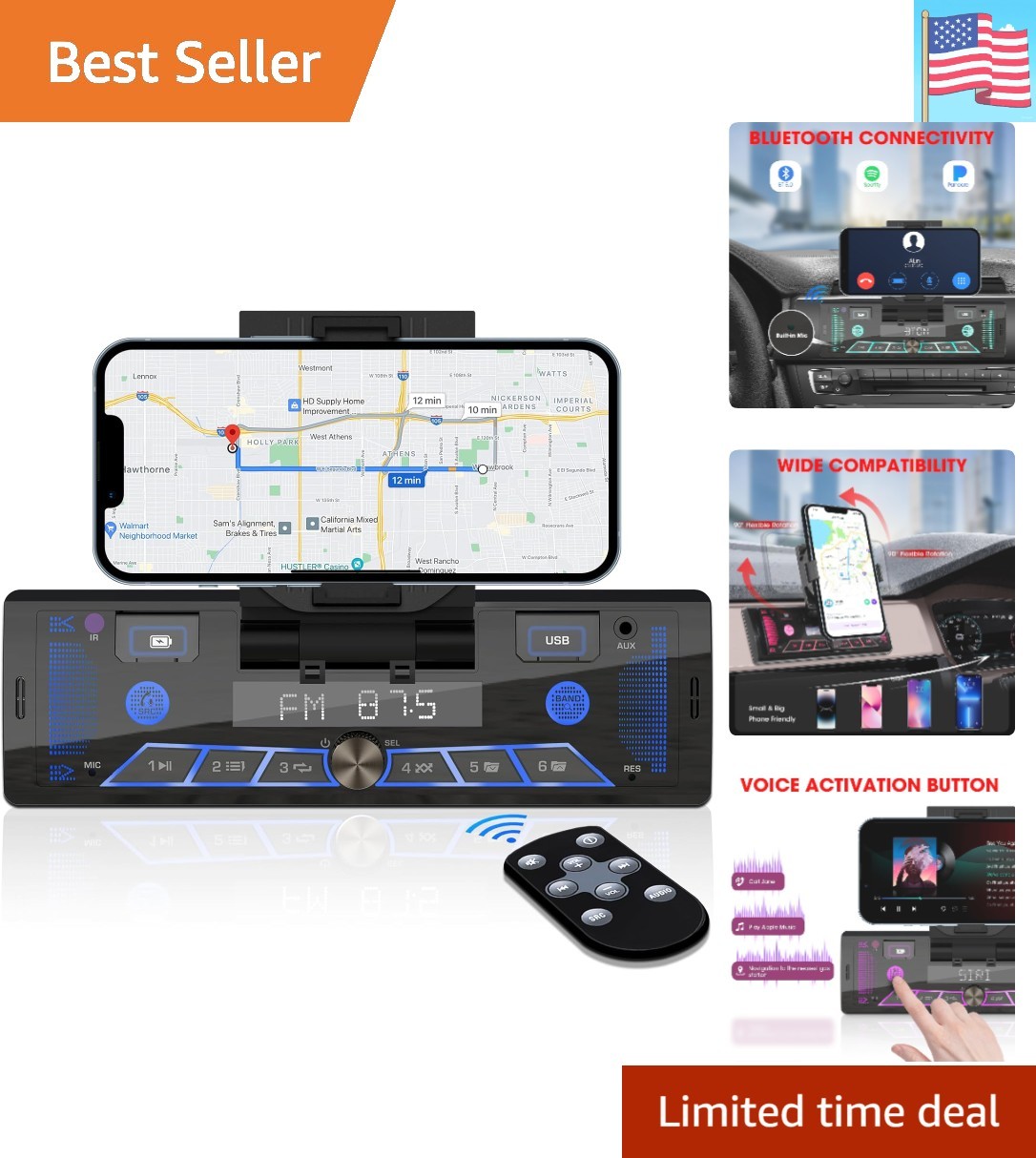 Single-Din Stereo with Car Phone Holder – Bluetooth Car Radio – Push to Talk …