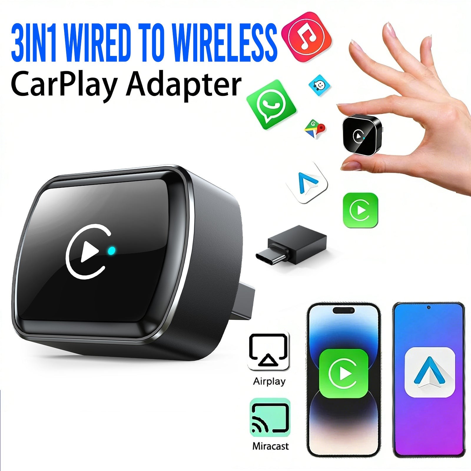 4-IN-1 Wireless CarPlay Adapter & Android Auto Wireless Adapter Plug & Play USB