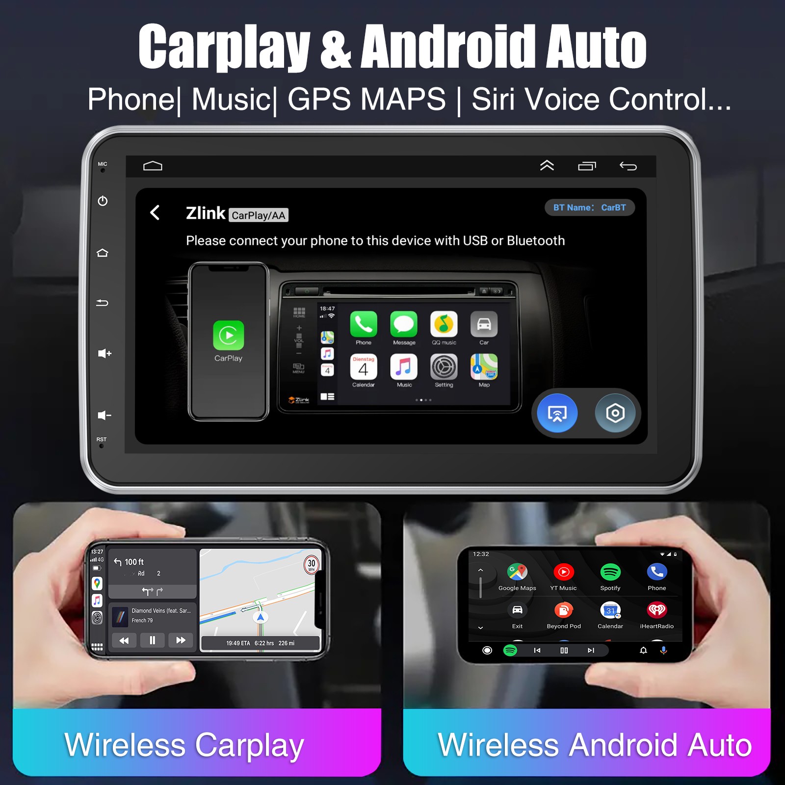 10.1″ Single 1 Din Android 15 Car Stereo Radio GPS WiFi Carplay Rotatable 4+64G