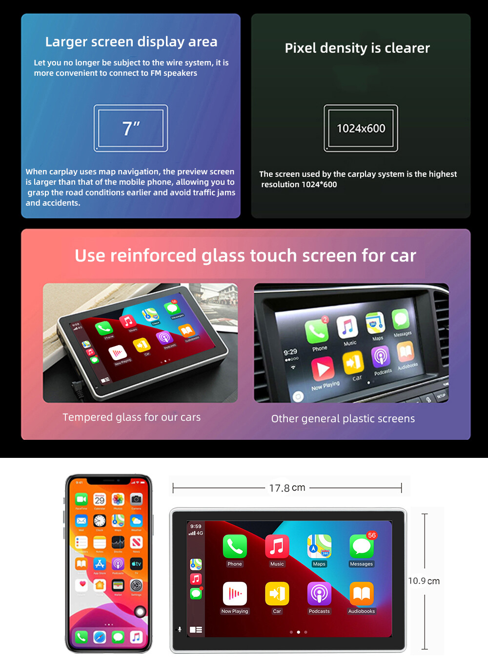 Portable Car Stereo Carplay Android Auto 7” Touch Screen Radio MP5 BT Player