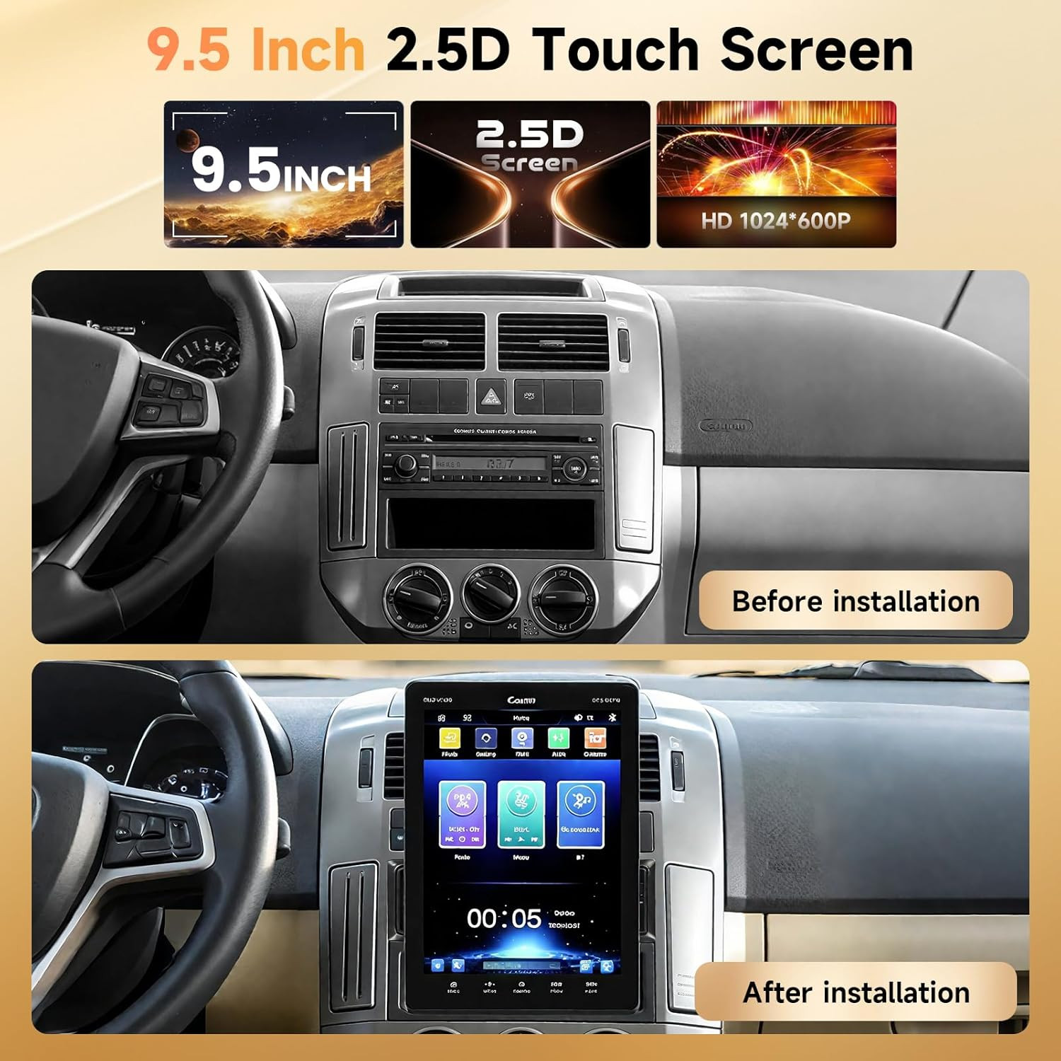 9.5 Inch Carplay & Android Auto Single DIN Car Stereo – Bluetooth Touchscreen C