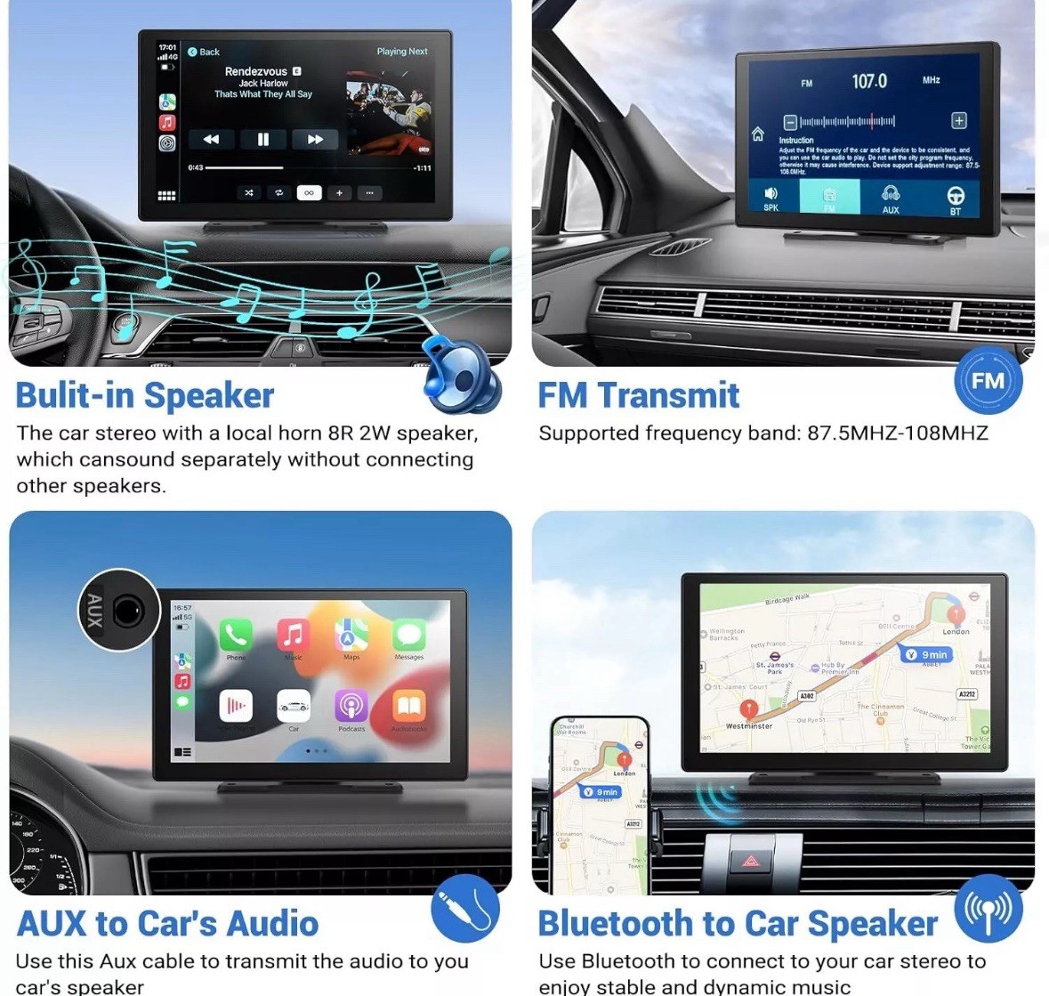 Wireless Carplay Touchscreen 4K Dash Cam, 9″ Portable Apple Carplay Android Auto