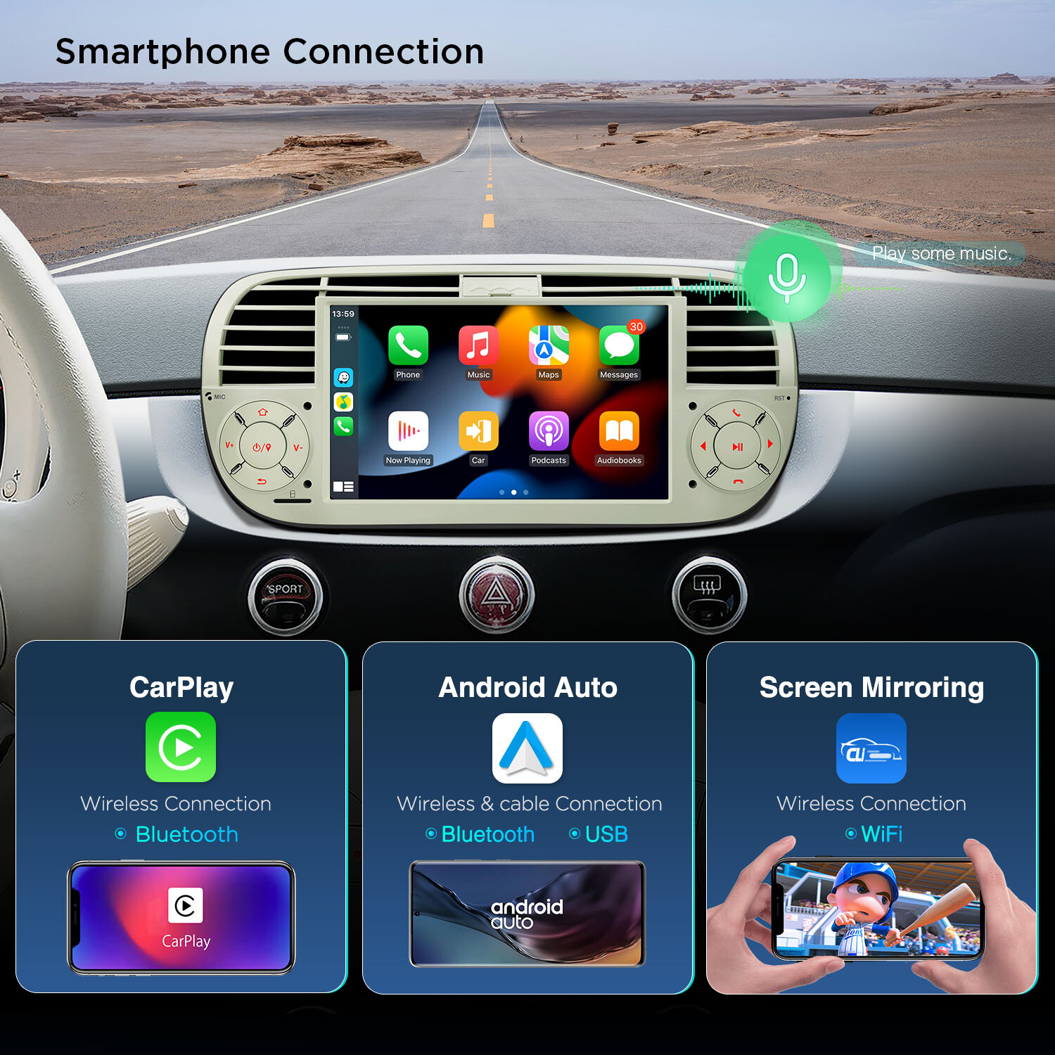 7″ Android 13 8Core Car Play GPS Sat Nav Stereo Radio for Fiat 500 2007-15 Beige