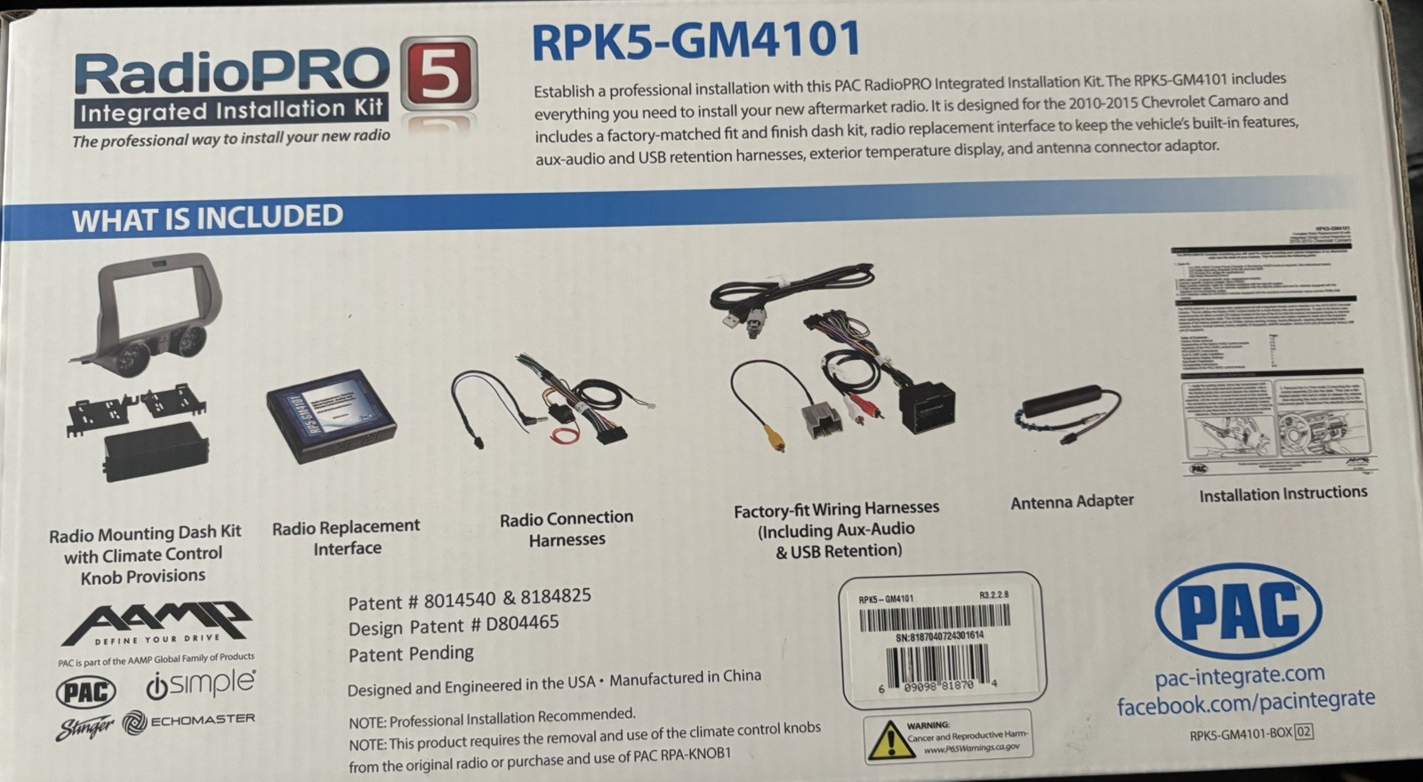 PAC RPK5-GM4101 Radio Installation Kit (No Bezel) Chevrolet Camaro 2010 – 2015