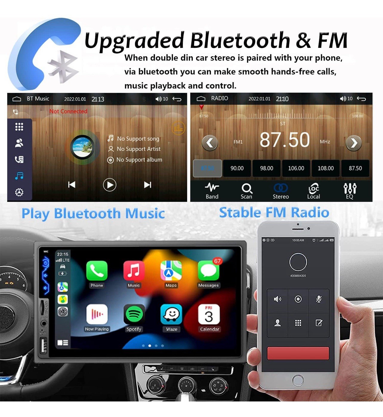 Double Din Car Stereo with Apple CarPlay & Android Auto 7 Inch Touch Screen
