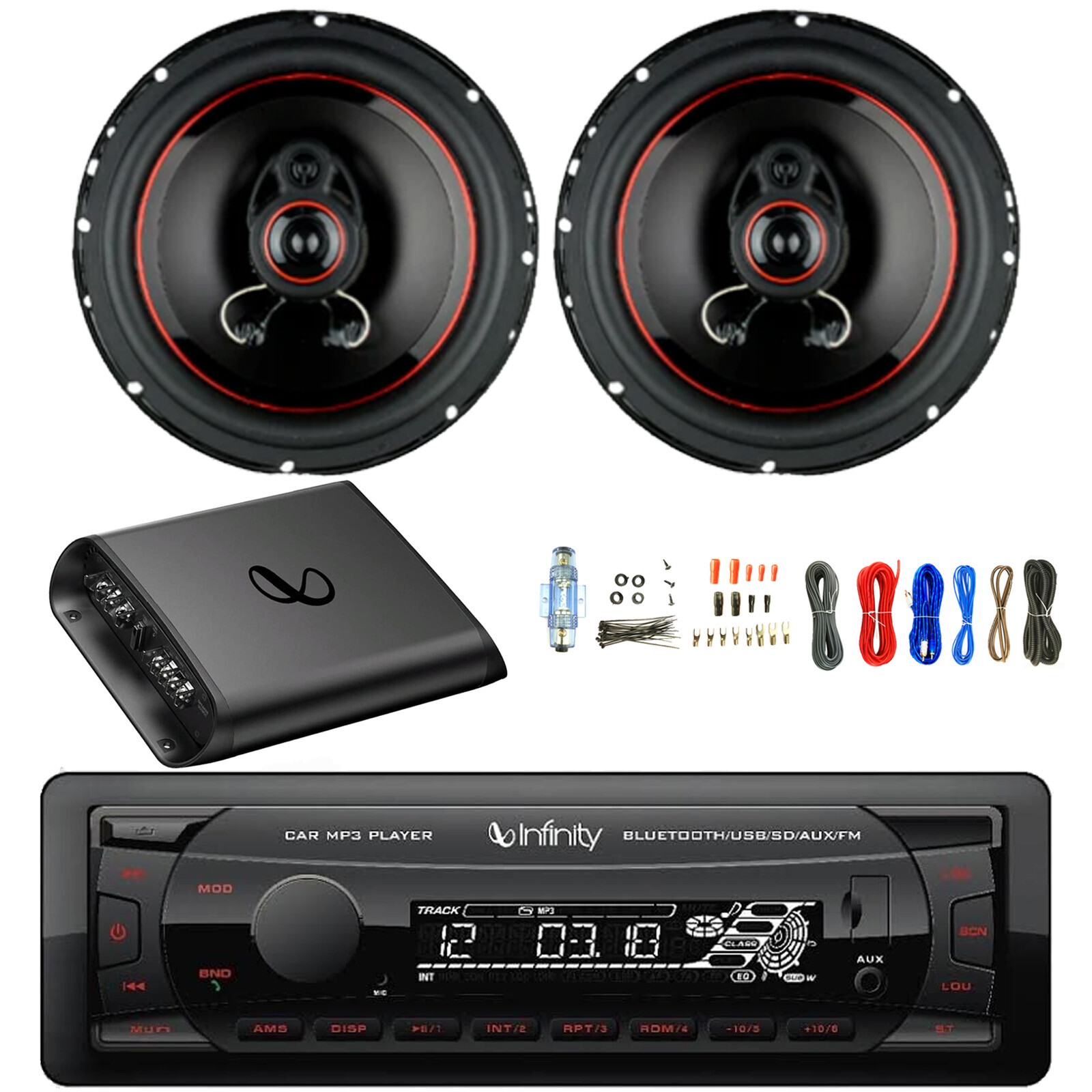 Infinity Single DIN Bluetooth MP3 Receiver, 2x 6.5″ 330W Speakers, Amp w/Kit