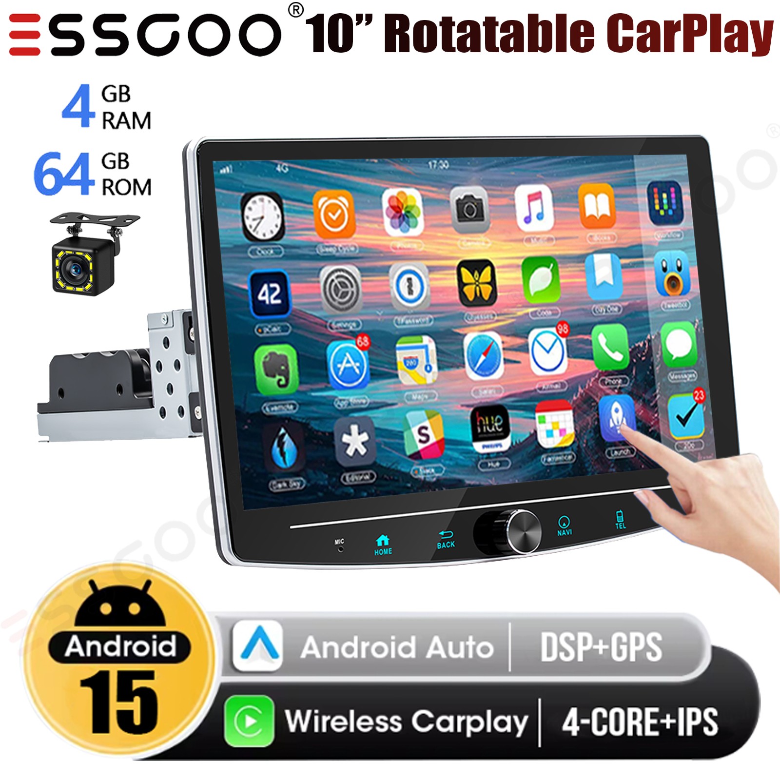 10.1″ Android 15 4+64GB Carplay Rotatable Car Stereo Radio 1Din GPS Navi SWC+CAM