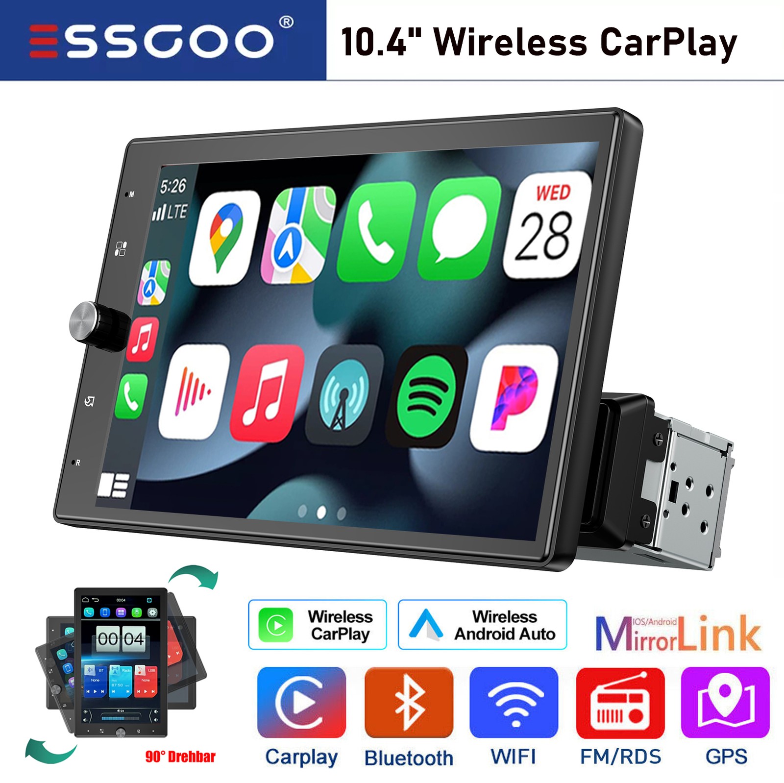 Single 1 DIN Car Stereo 10.4” Wireless Carplay/Android Auto Rotatable AUX USB
