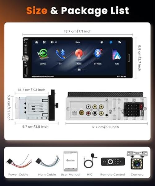 Single DIN Carplay Radio Wireless Android Auto, 6.9-Inch IPS Touchscreen Car