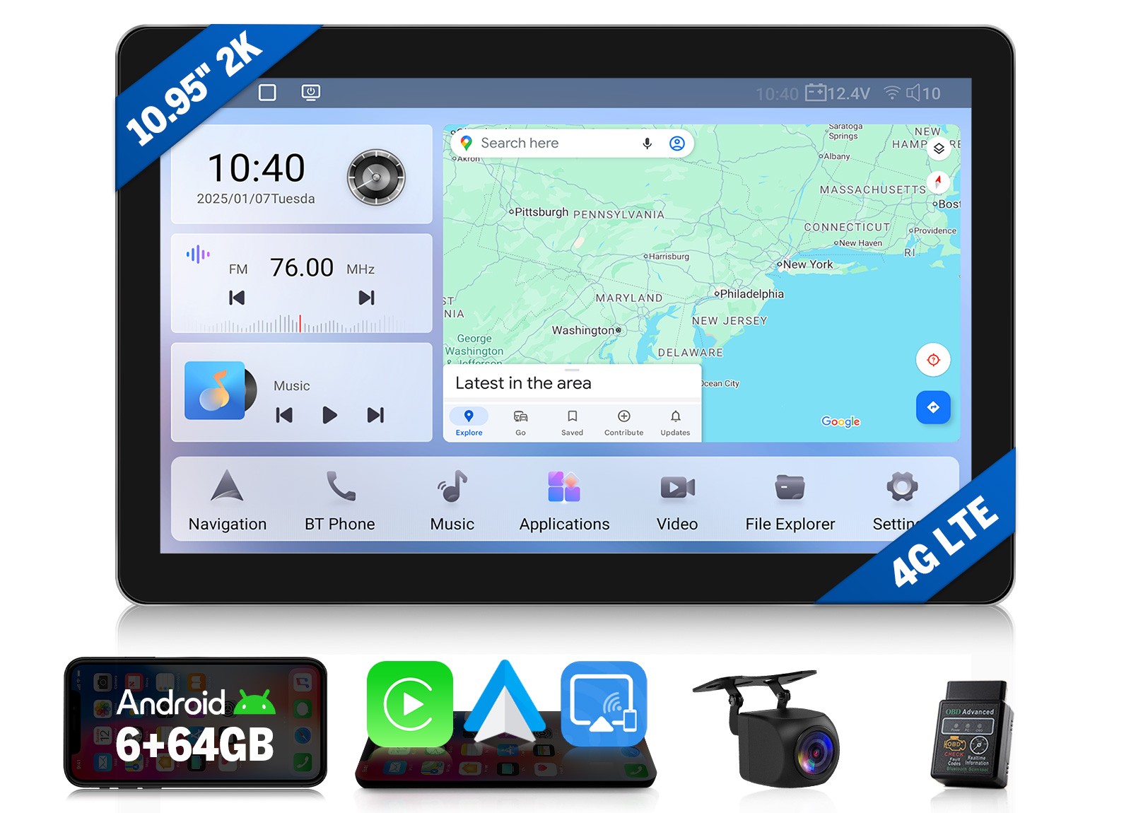 CAM+OBD+1DIN Car Stereo Receiver 10.95″ 2K 6+64G Android 13 Wireless CarPlay GPS
