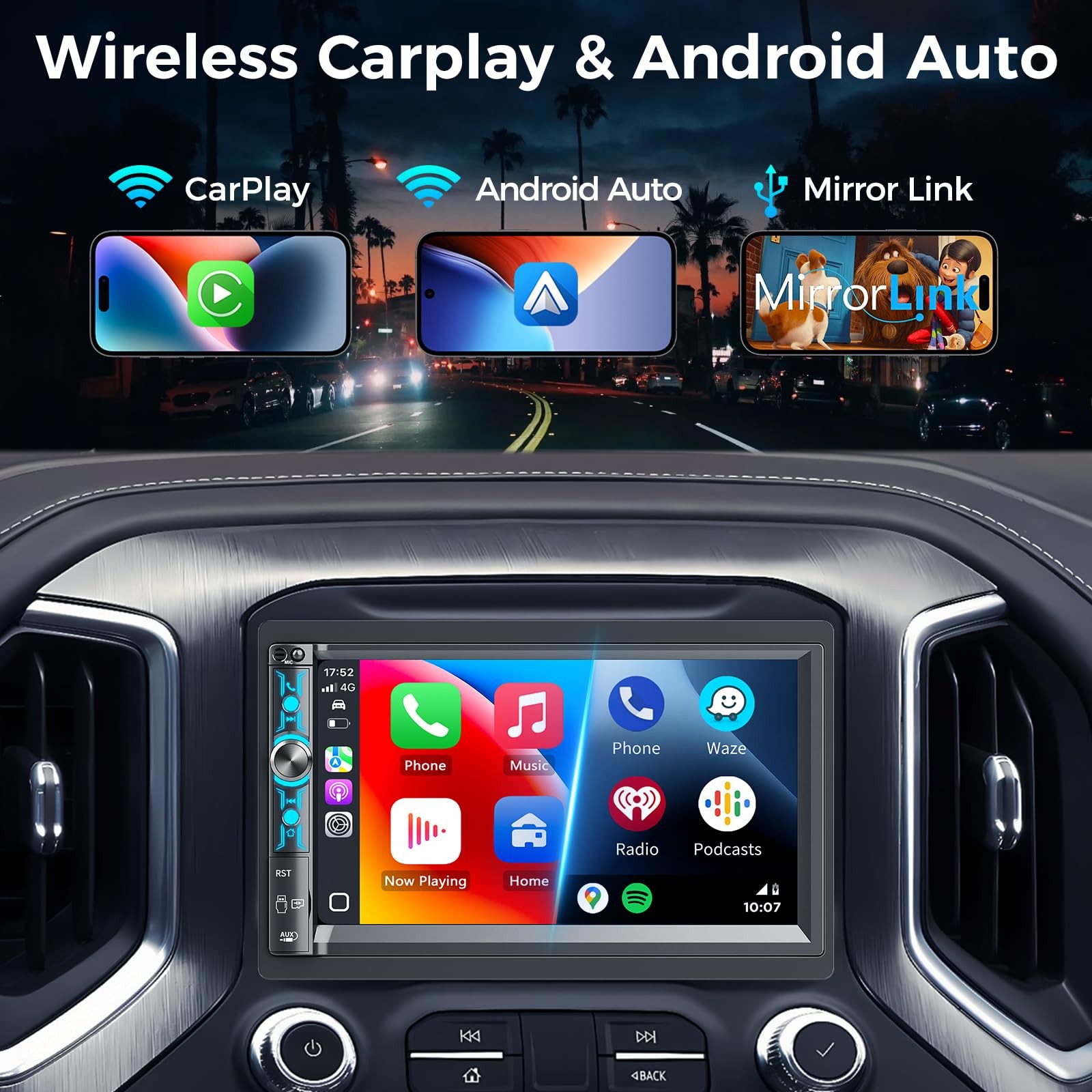 7″ Double Din Car Stereo with Wireless Apple CarPlay & Android Auto, Bluetoot…
