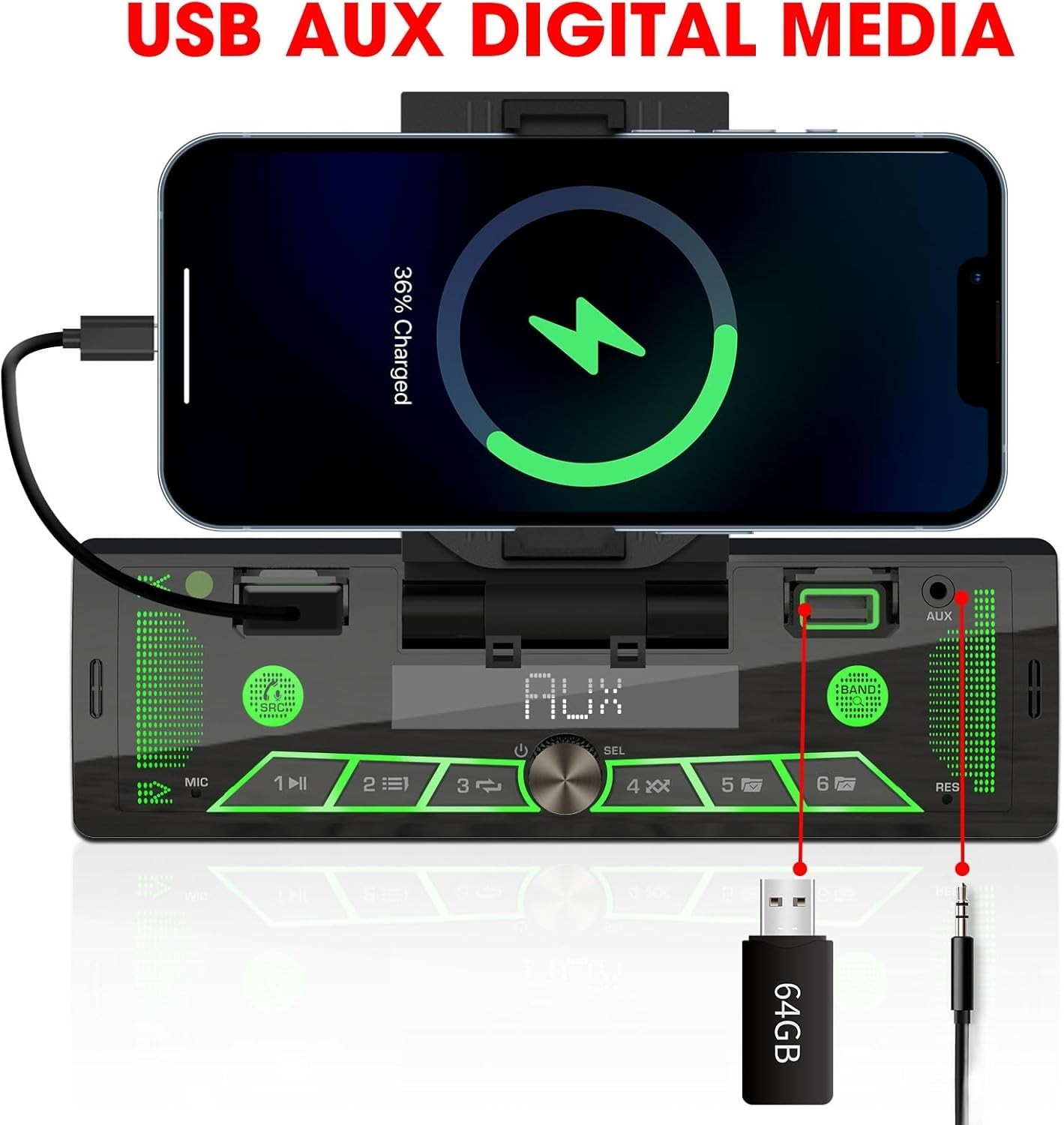 Single-Din Stereo with Car Phone Holder – Bluetooth Car Radio – Push to Talk …