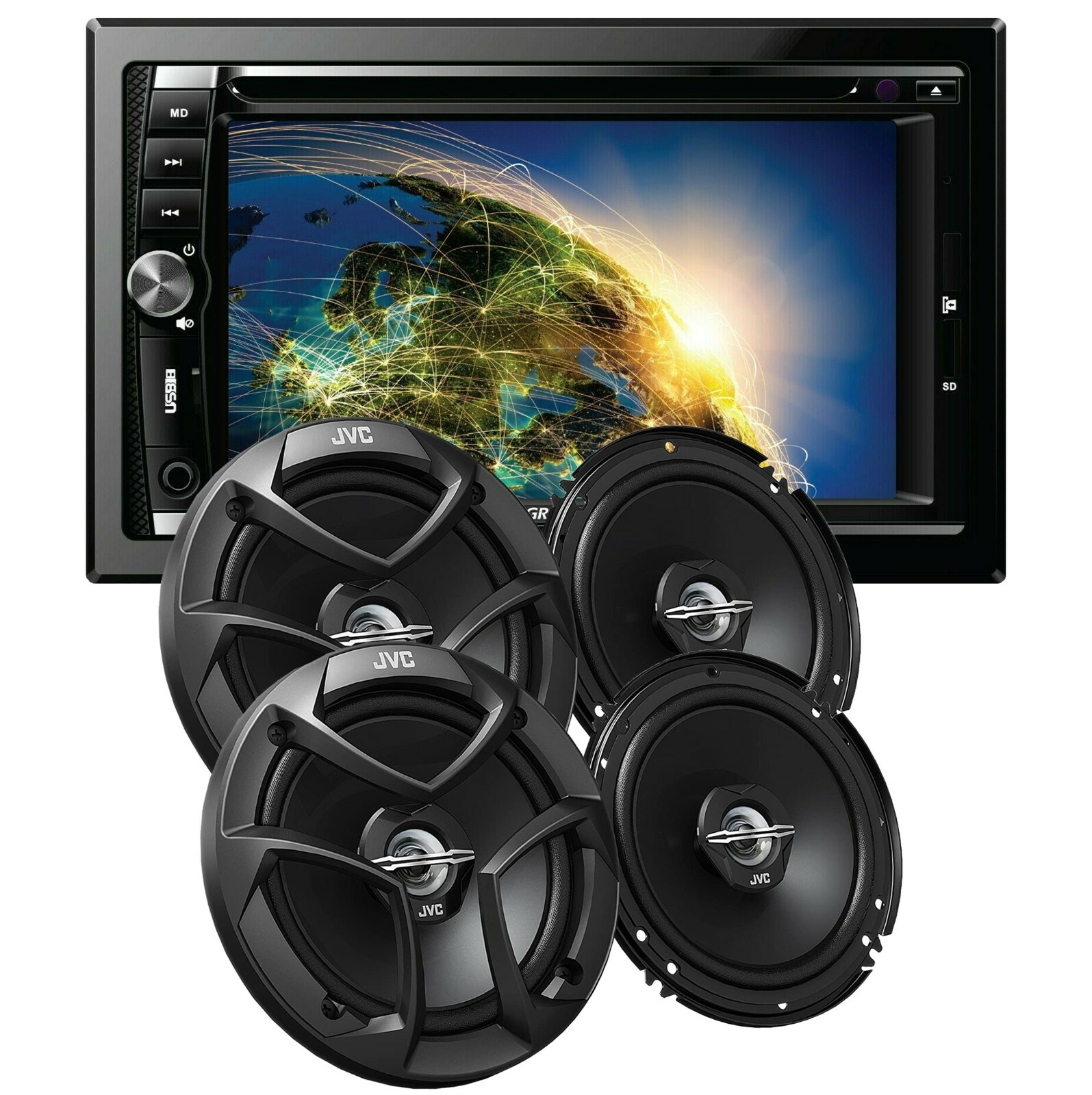 Gravity VGR-D900BT 2-DIN DVD Car Receiver + 4x JVC CS-J620 6.5″ Car Speakers