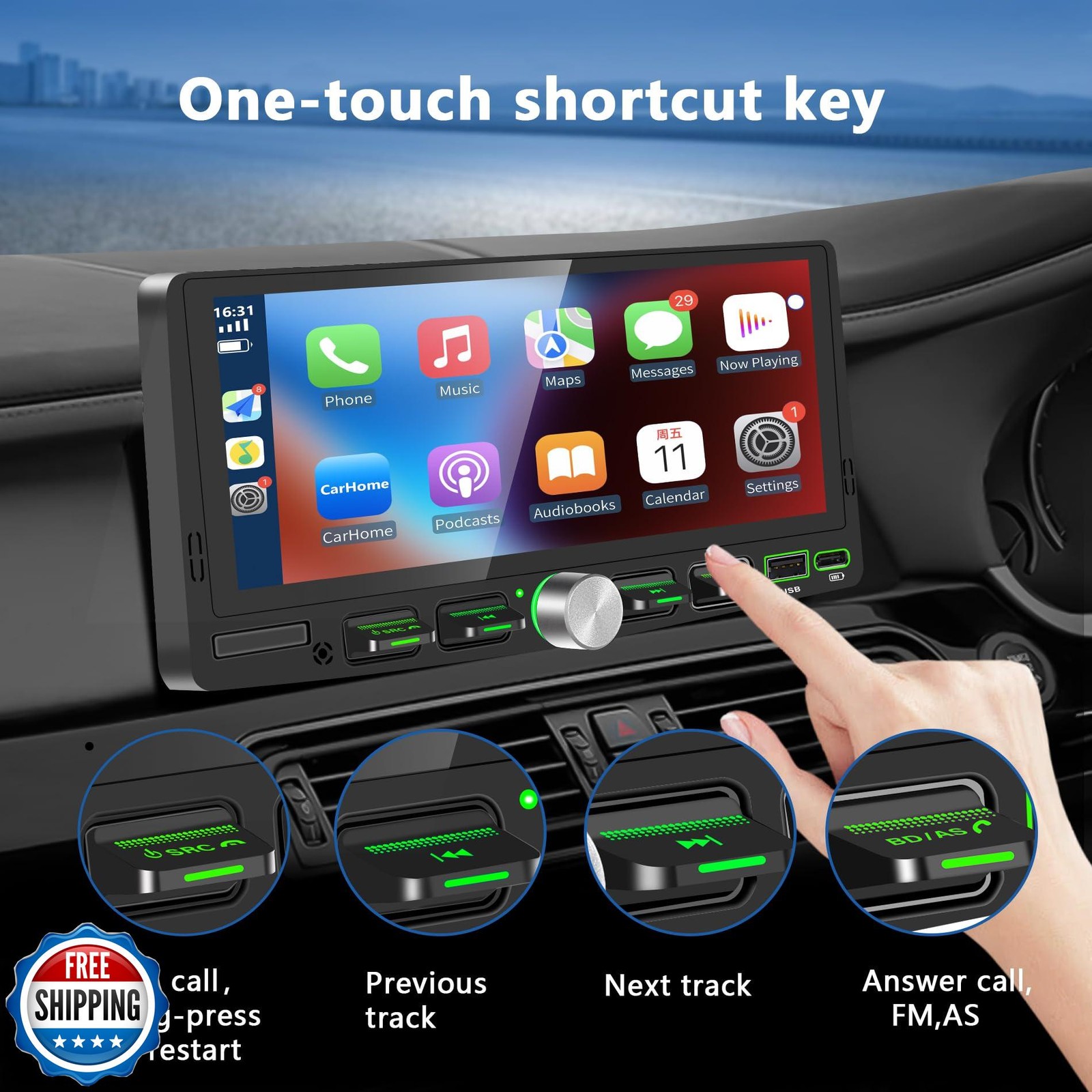 Single Din Touchscreen Radio with Wireless Apple CarPlay and Andr