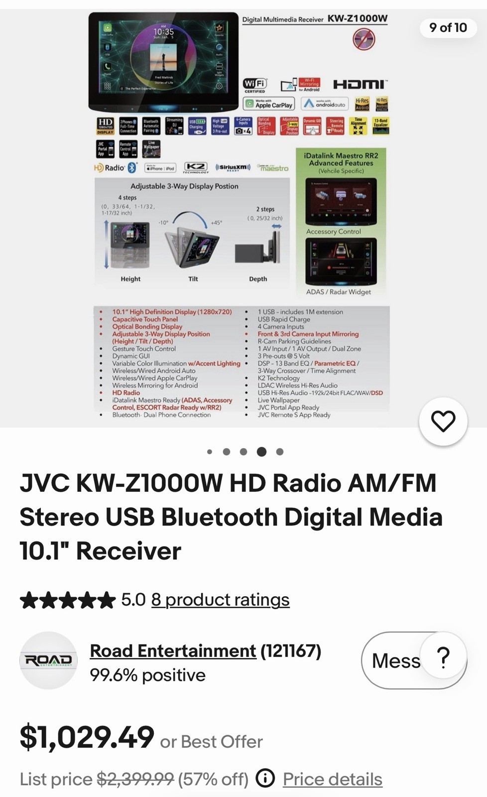 JVC KW-Z1000W 10.1 Inch Digital Multimedia Receiver