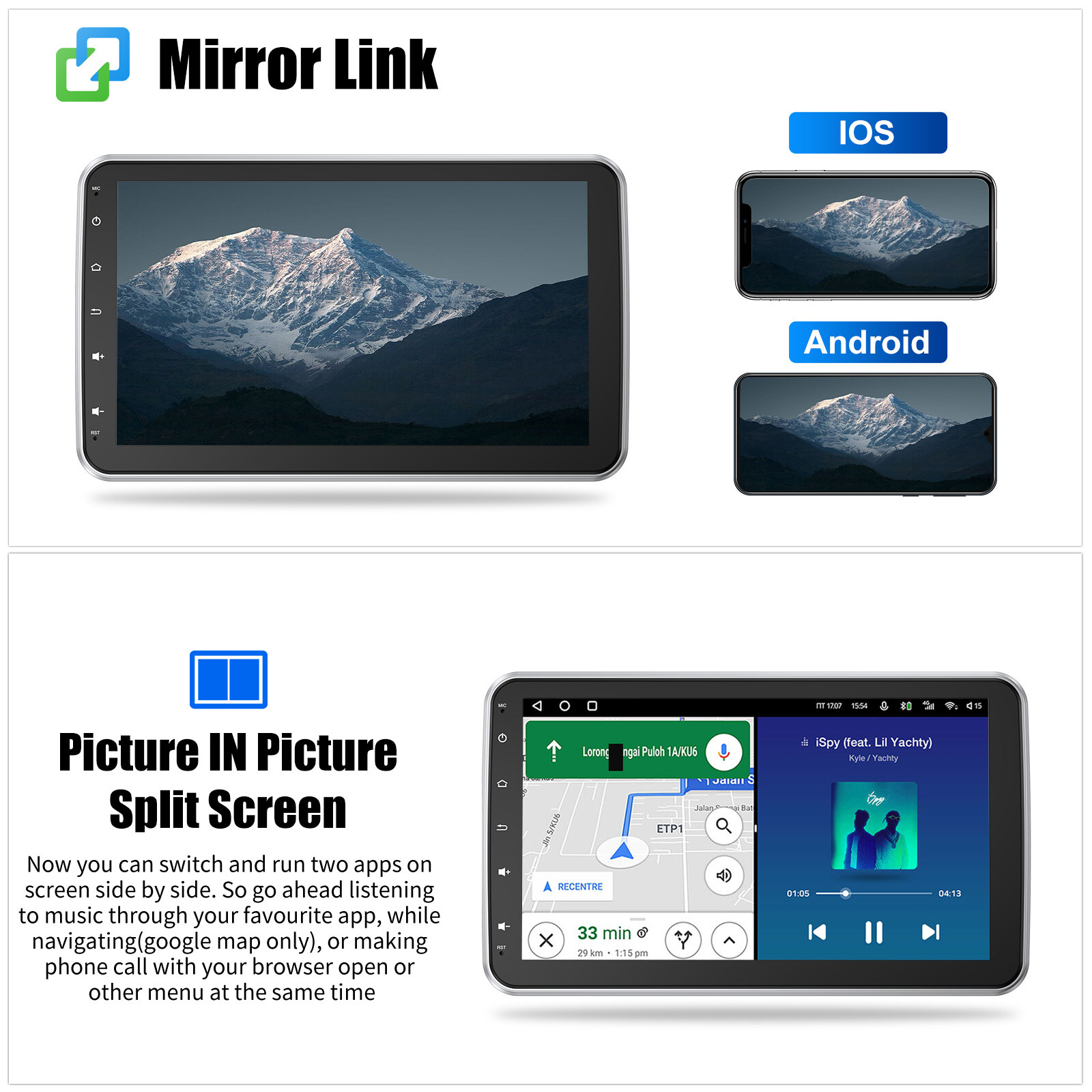 10″ Rotatable Android 13 4+64G Carplay Stereo Radio GPS WIFI 1 DIN + Camera MIC