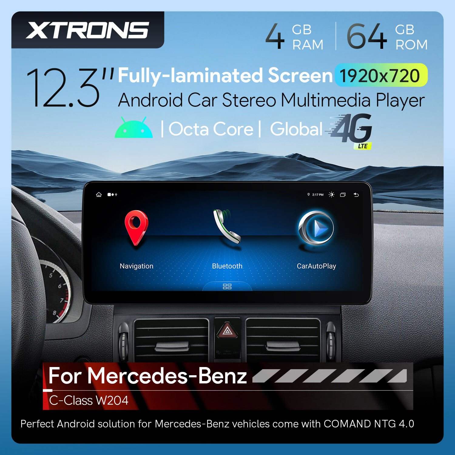For Benz C-Class W204 07-10 Android 13 8-Core 64GB Car Stereo GPS Navi DSP 12.3″