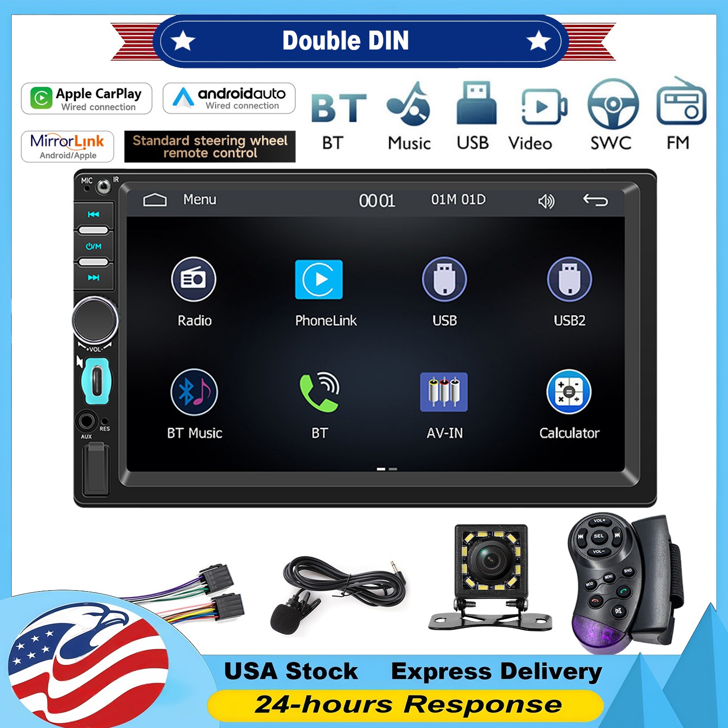 7″ Double DIN Apple CarPlay Android Auto Car Stereo Radio Bluetooth with Camera