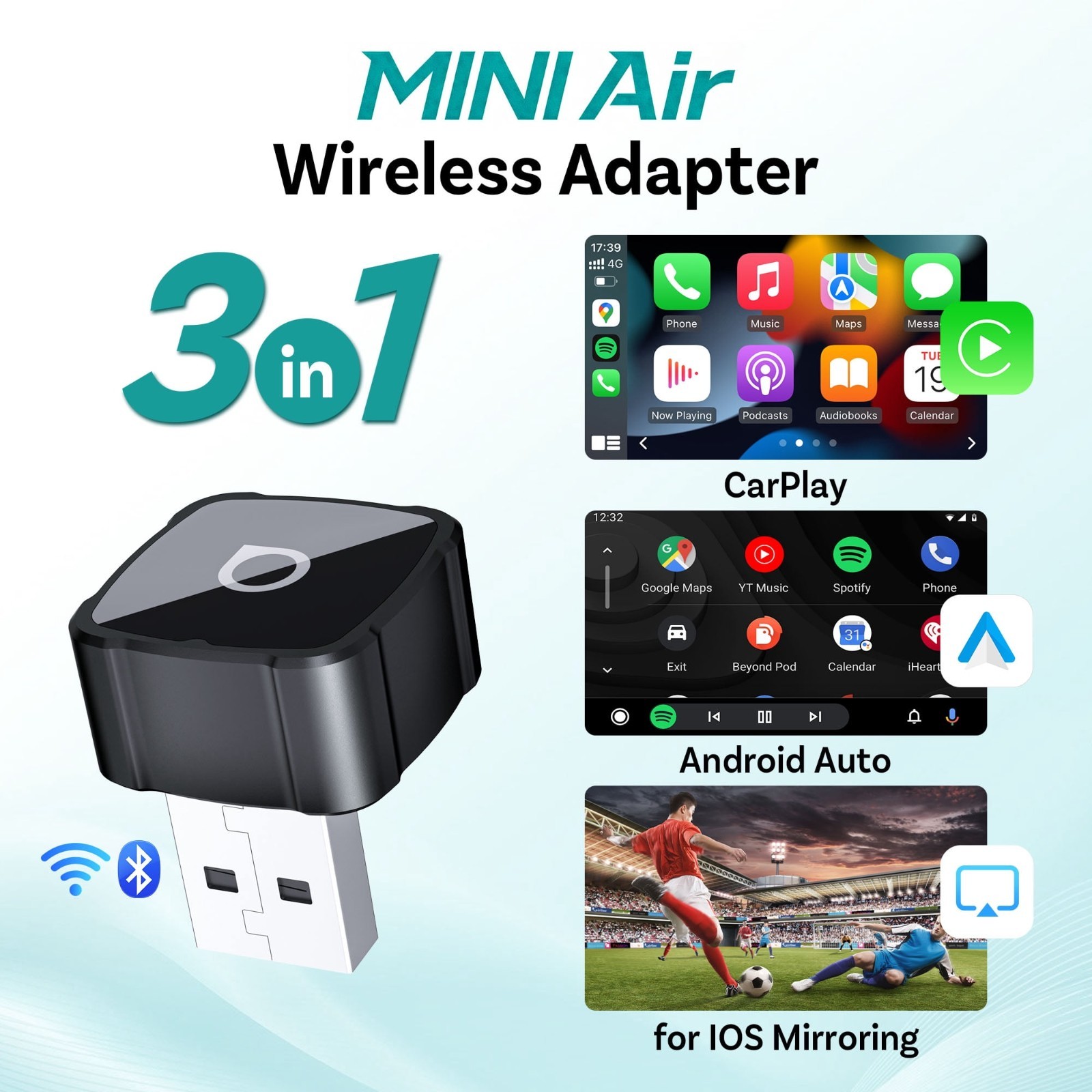 3in1 Ottocast Wireless Android Auto/CarPlay Adapter For Wired CarPlay +Airplay