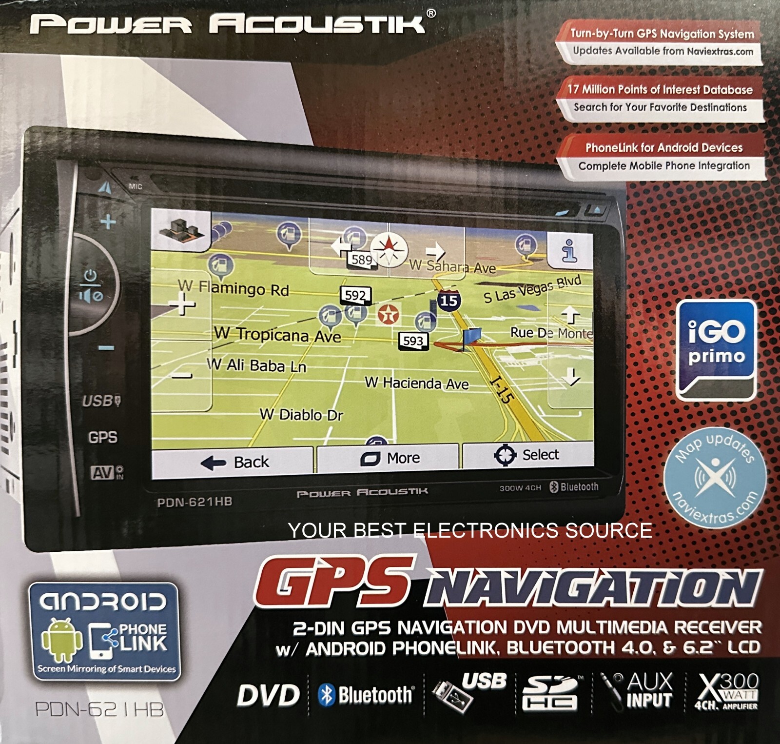 NEW Power Acoustik PDN621HB 6.2″ LCD, 2-DIN DVD/CD Receiver, Bluetooth, GPS