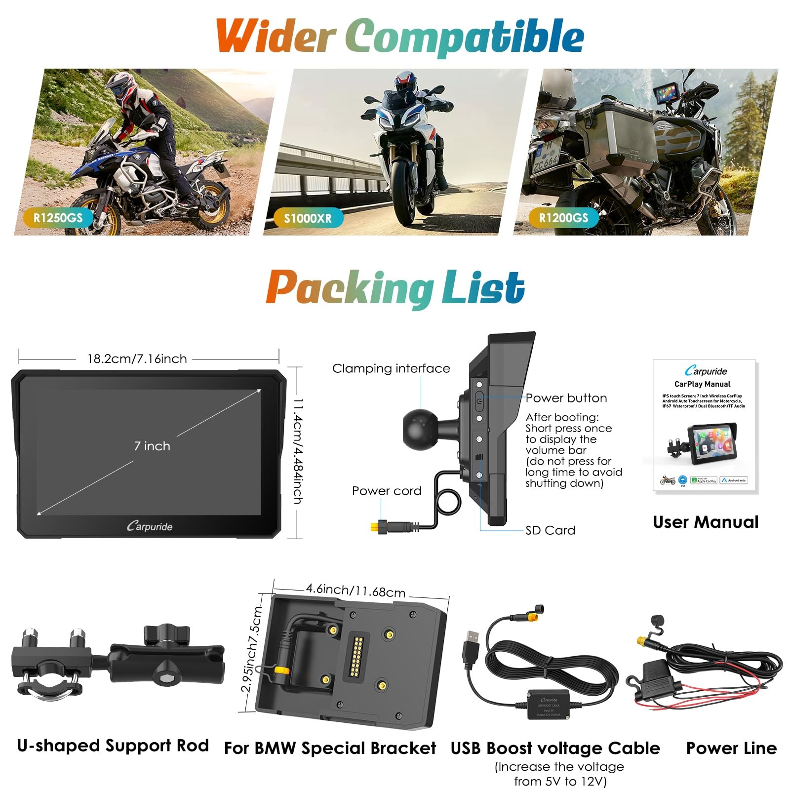 W702b Motorcycle Carplay Screen For Bmw R1200gs R1250gs S1000xr Motorcycle 7 Inc
