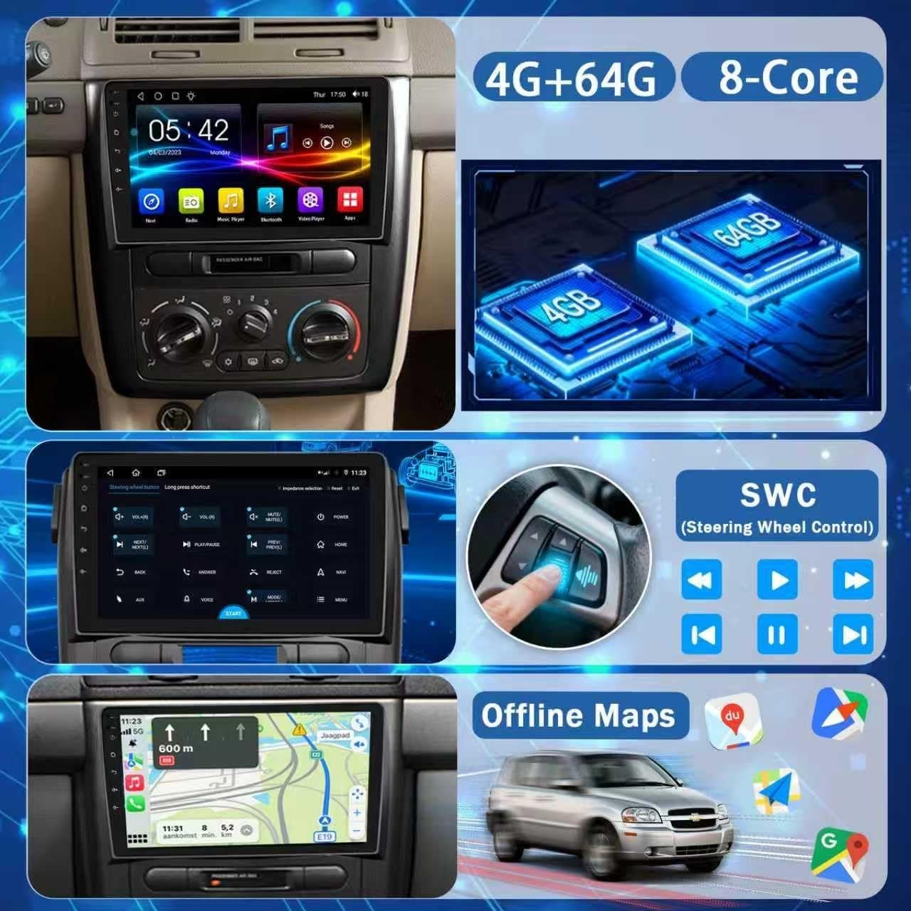 9″ 8Core 4+64G Android Auto Carplay for Chevrolet Cobalt 2005-2010; Free Camera